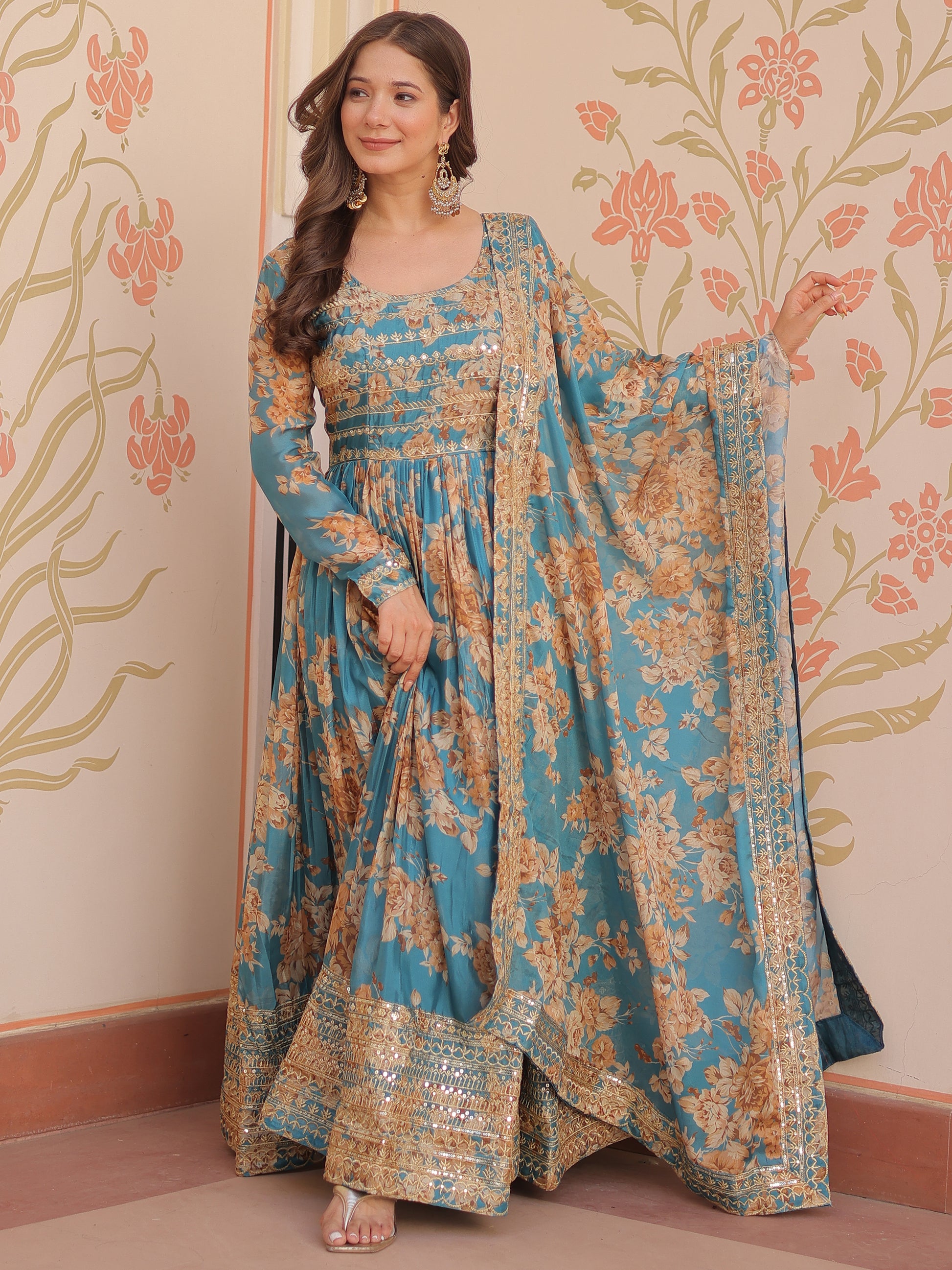 Alluring Sky Blue Floral Printed Silk Traditional Gown With Dupatta