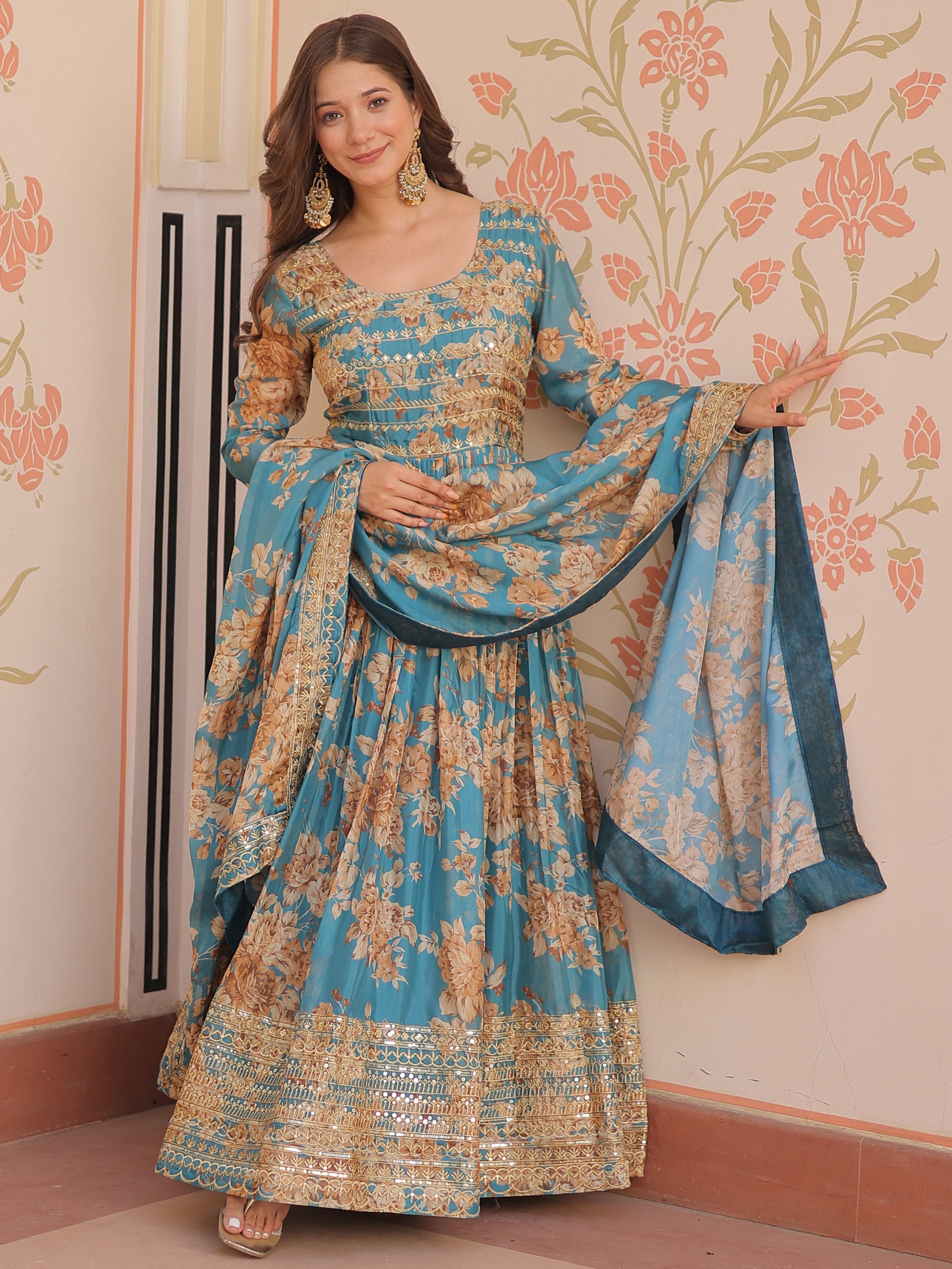 Alluring Sky Blue Floral Printed Silk Traditional Gown With Dupatta