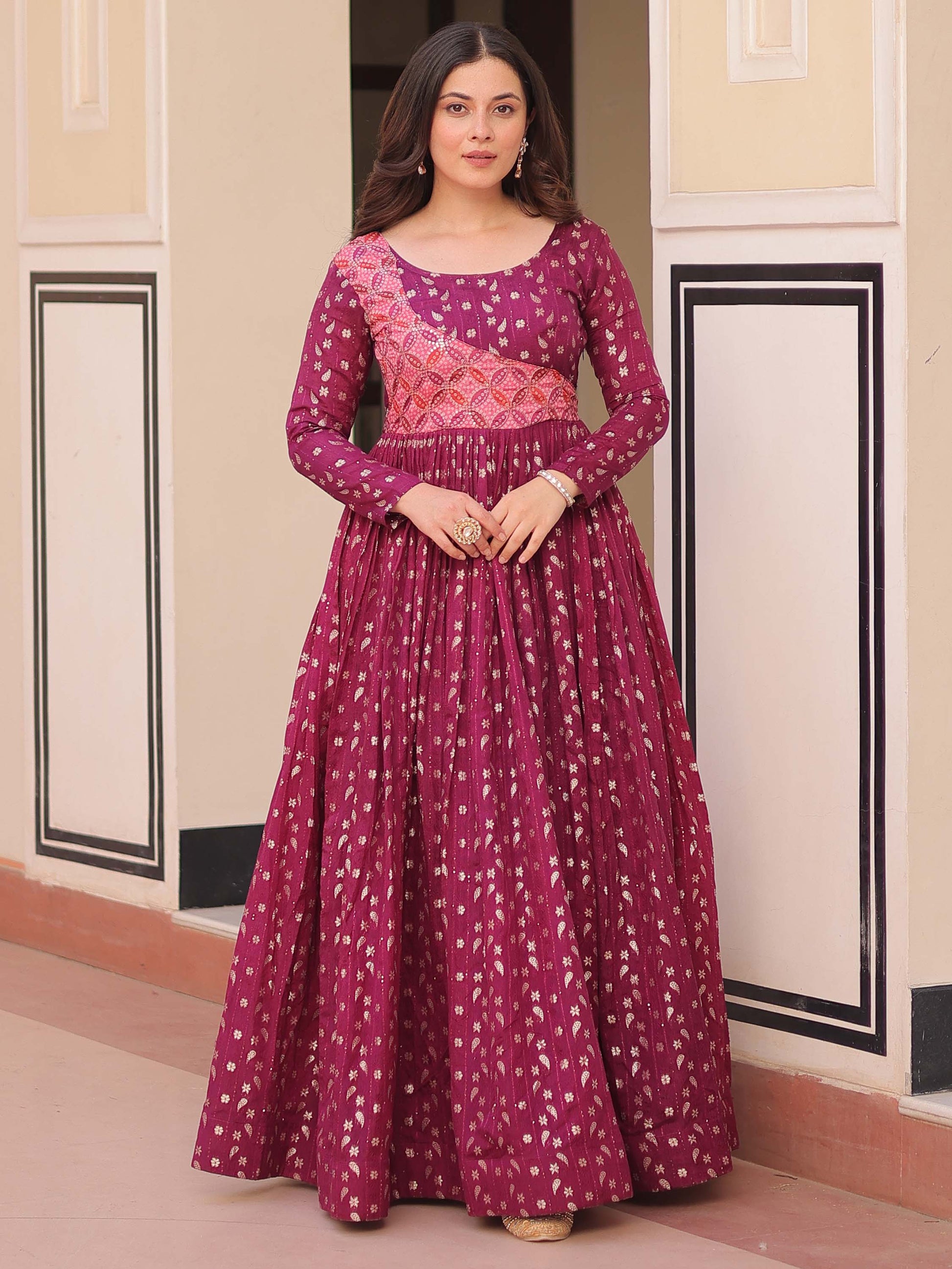Incredible Wine Zari Weaving Cotton Festival Wear Gown