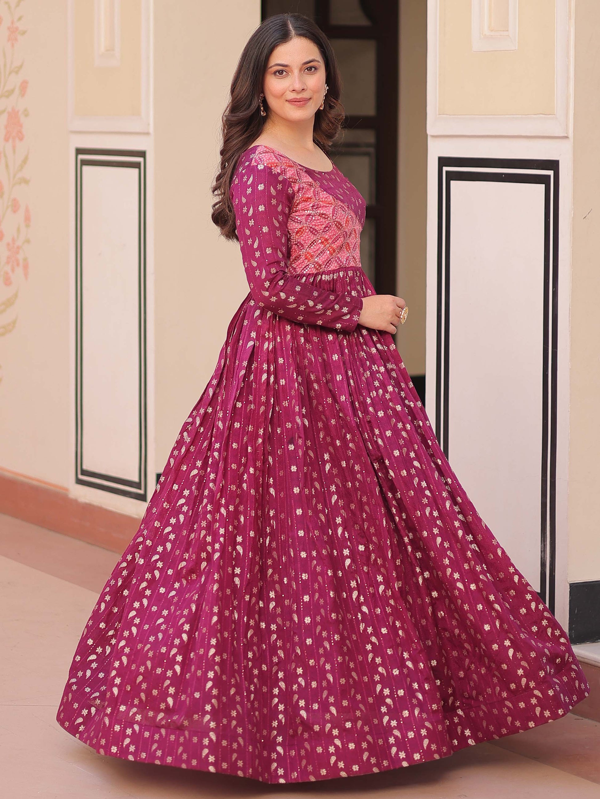 Incredible Wine Zari Weaving Cotton Festival Wear Gown