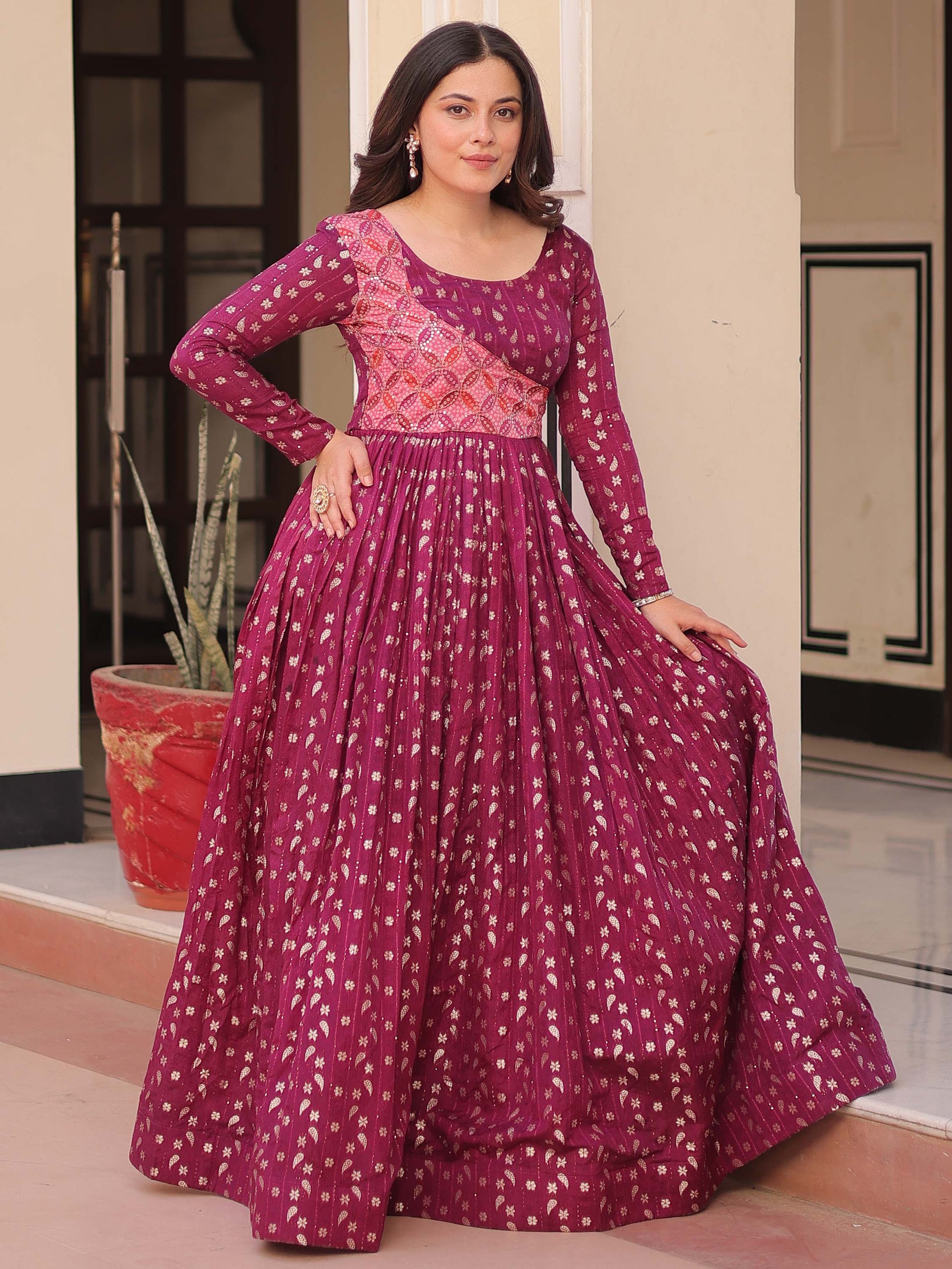 Incredible Wine Zari Weaving Cotton Festival Wear Gown