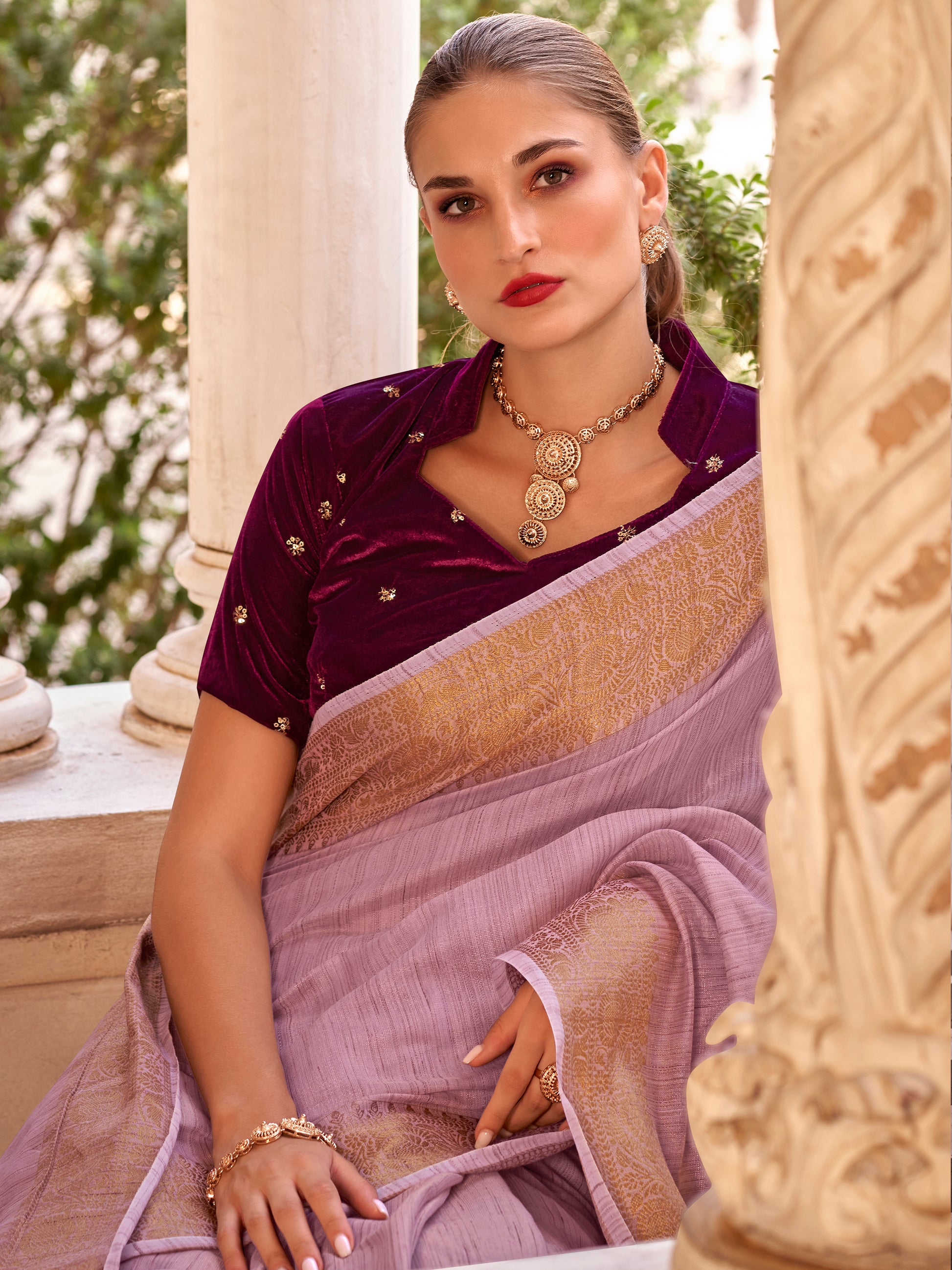 Charming Lilac Zari Weaving Tissue Silk Event Wear Saree With Blouse