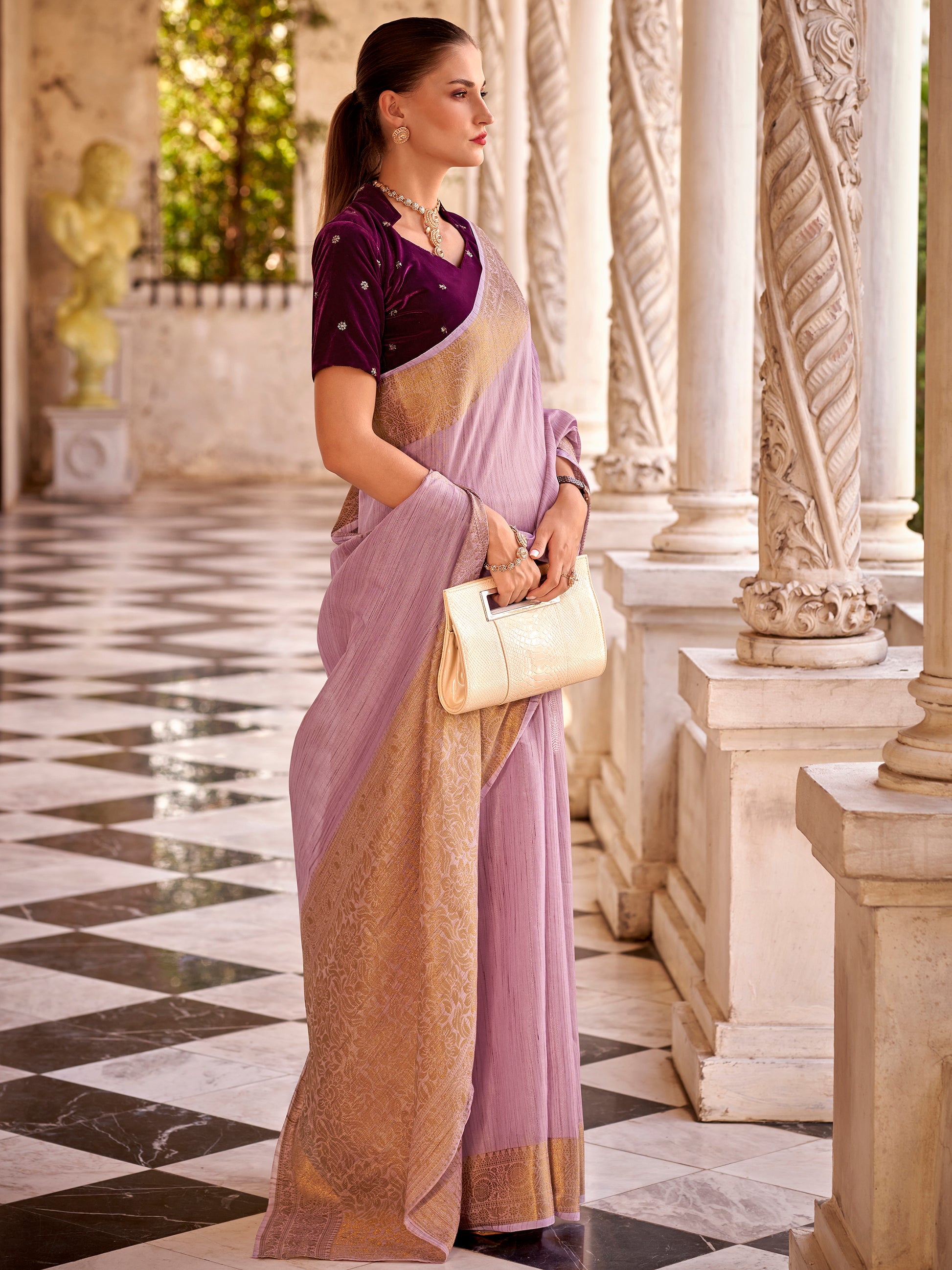 Charming Lilac Zari Weaving Tissue Silk Event Wear Saree With Blouse