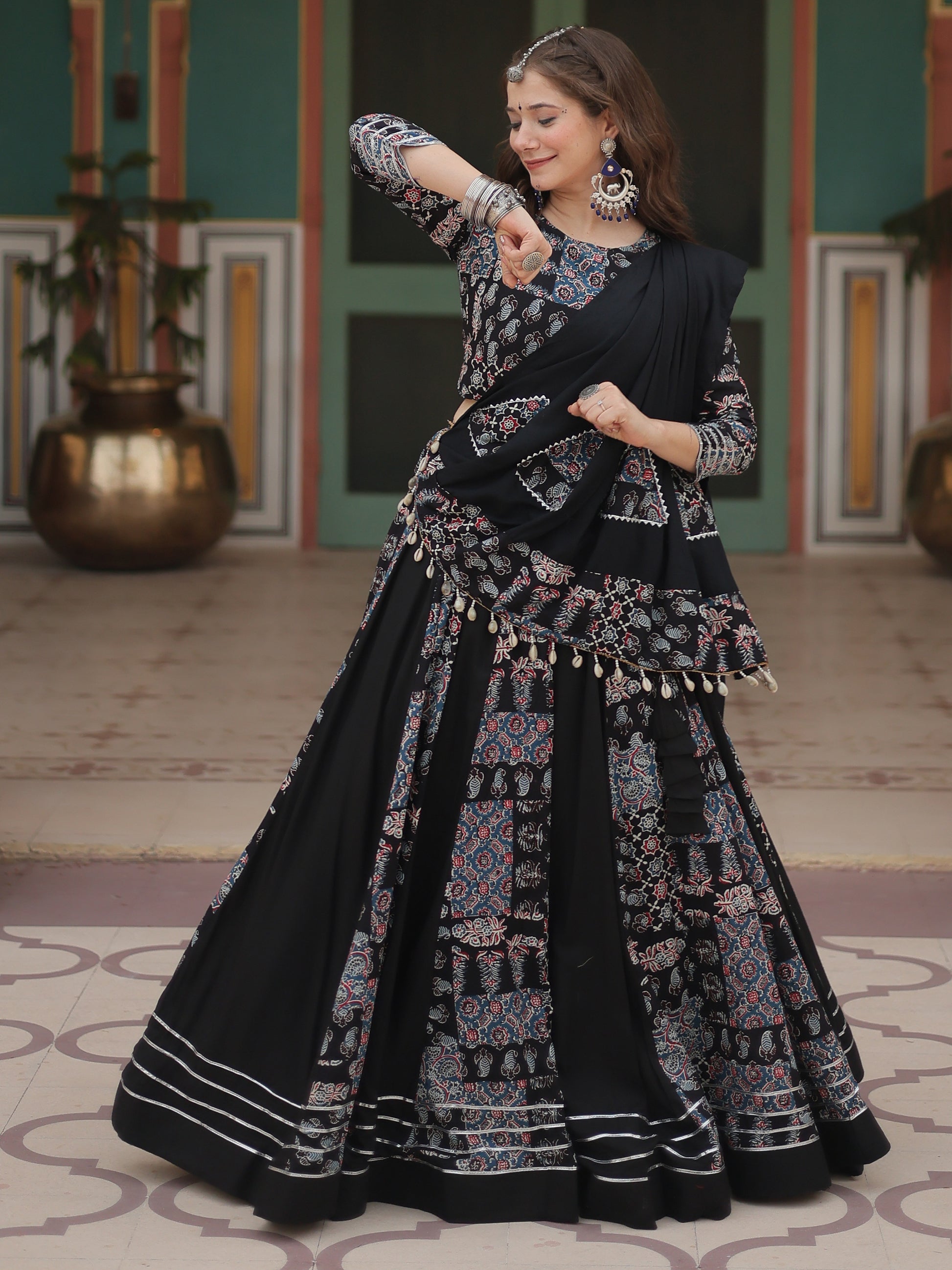 Stunning Black Digital Printed Rayon Navratri Wear Lehenga Choli