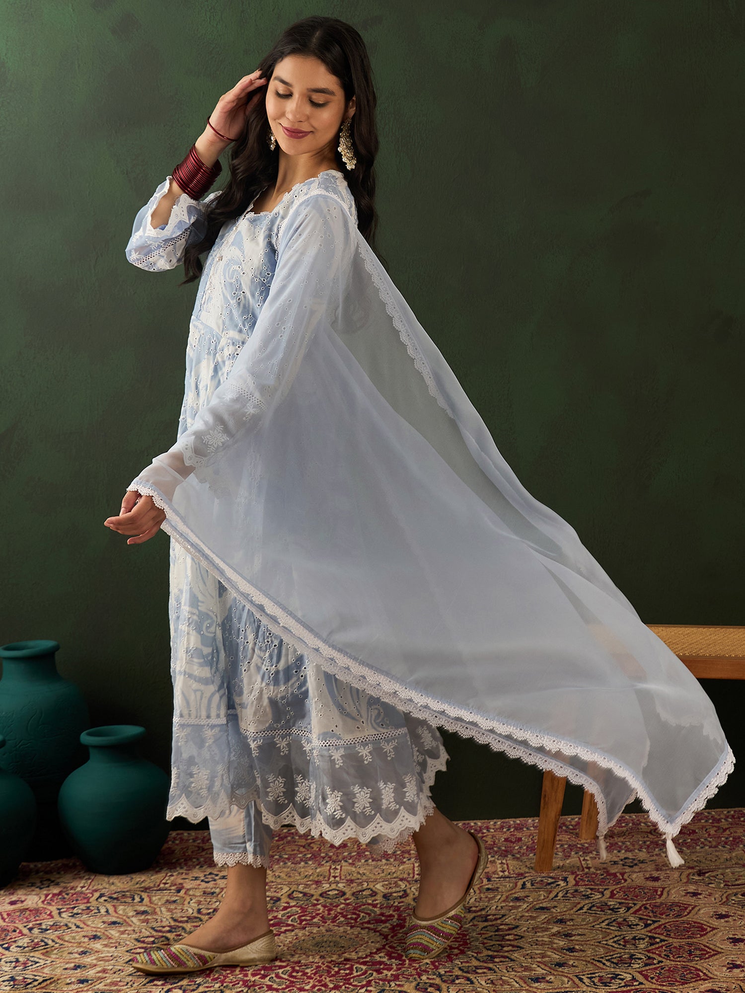 Alluring Blue Embroidered Cotton Readymade Anarkali Suit Pant