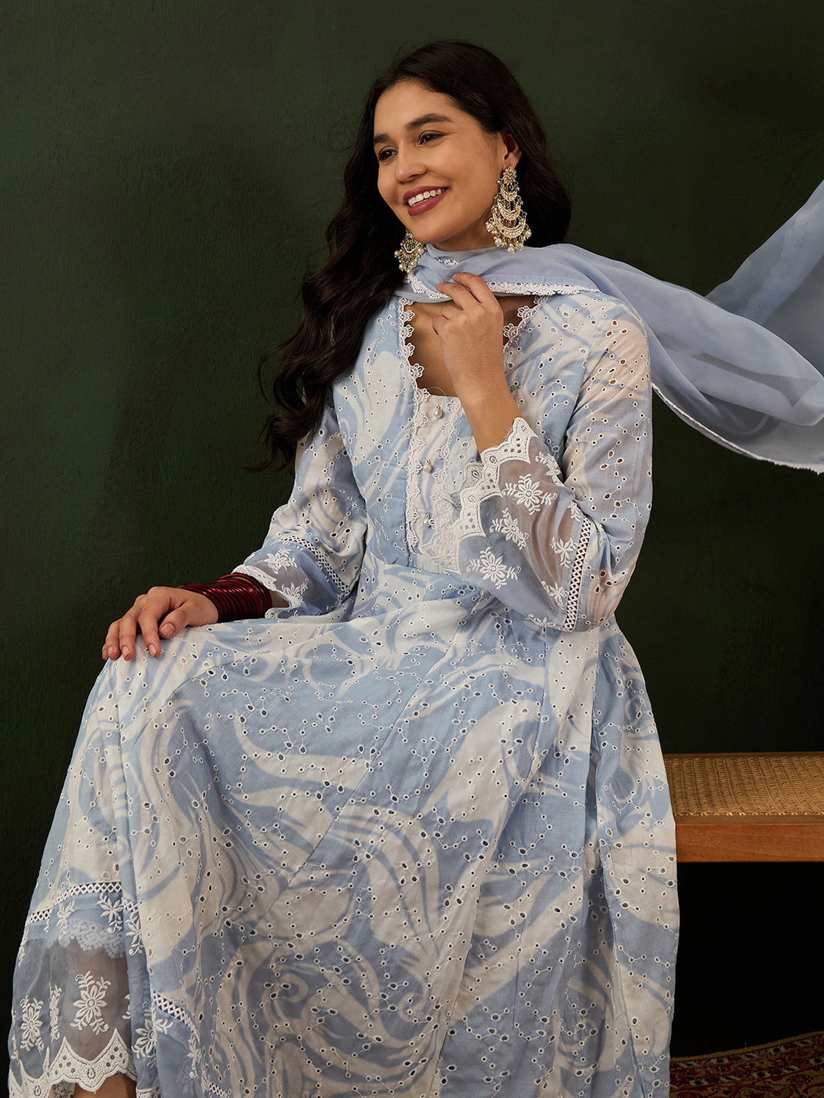 Alluring Blue Embroidered Cotton Readymade Anarkali Suit Pant