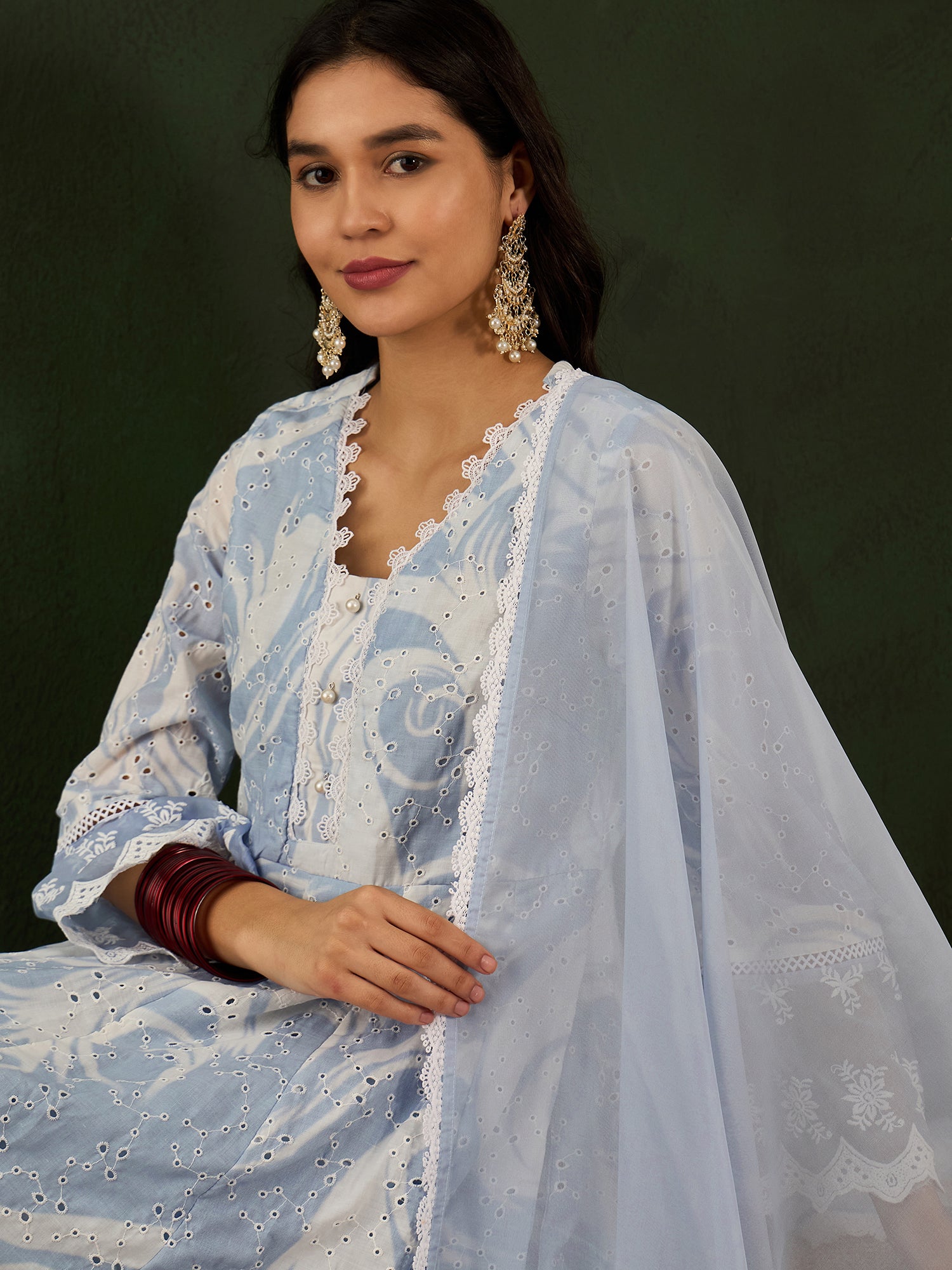 Alluring Blue Embroidered Cotton Readymade Anarkali Suit Pant