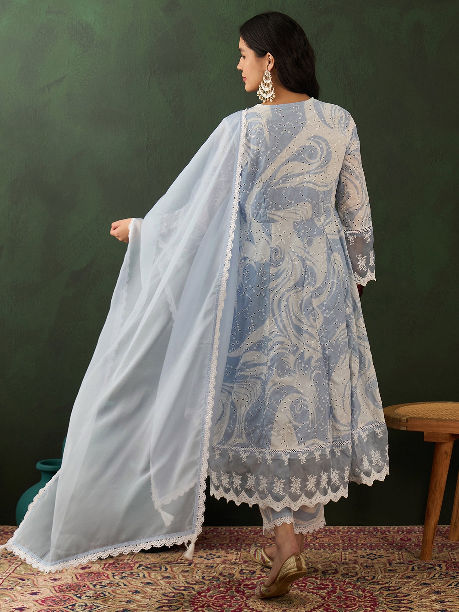 Alluring Blue Embroidered Cotton Readymade Anarkali Suit Pant