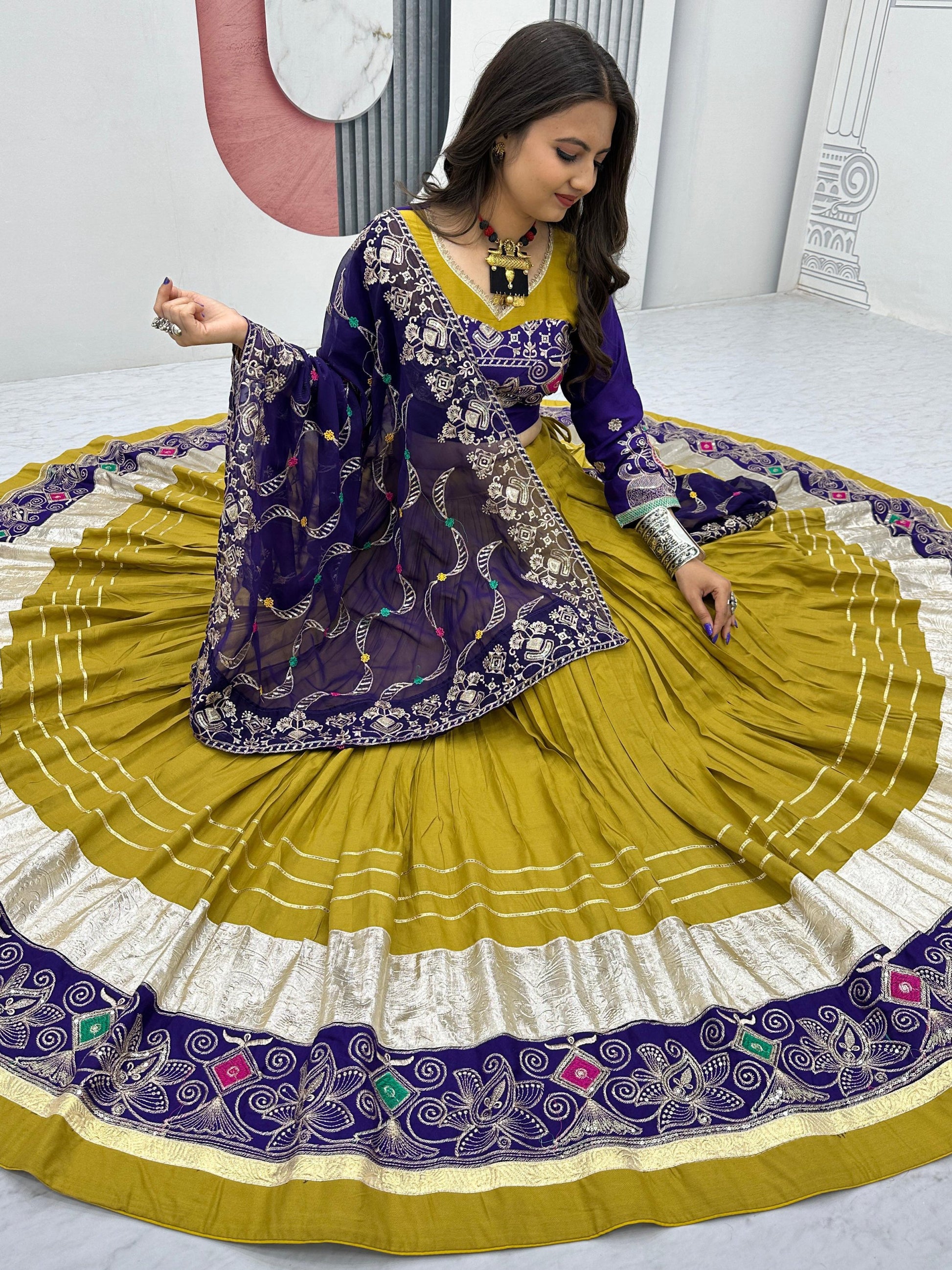 Alluring Mustard Yellow Embroidered Cotton Navratri Special Lehenga Choli