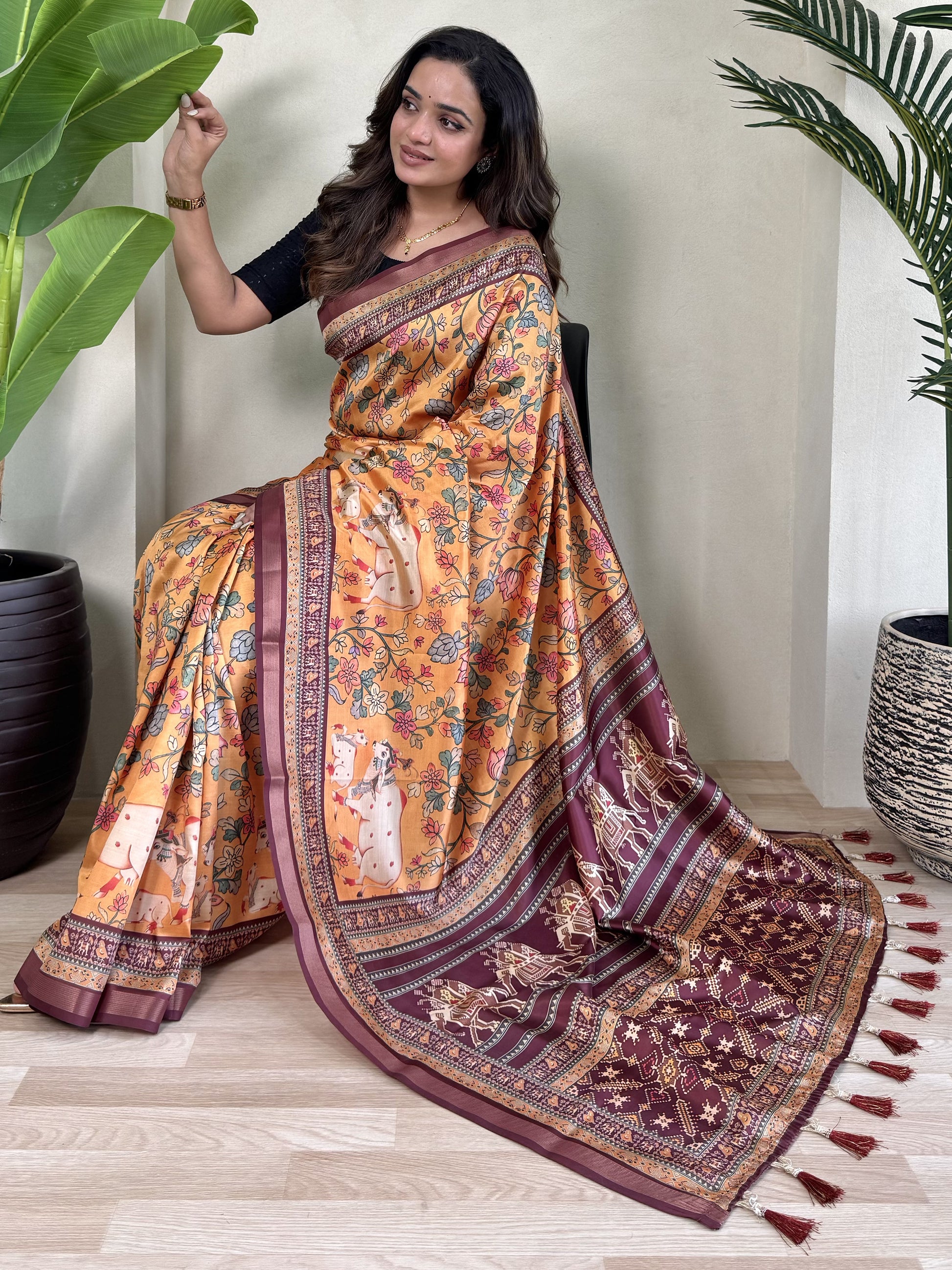 Stunning Orange Pichwai Printed Viscose Silk Office Wear Saree
