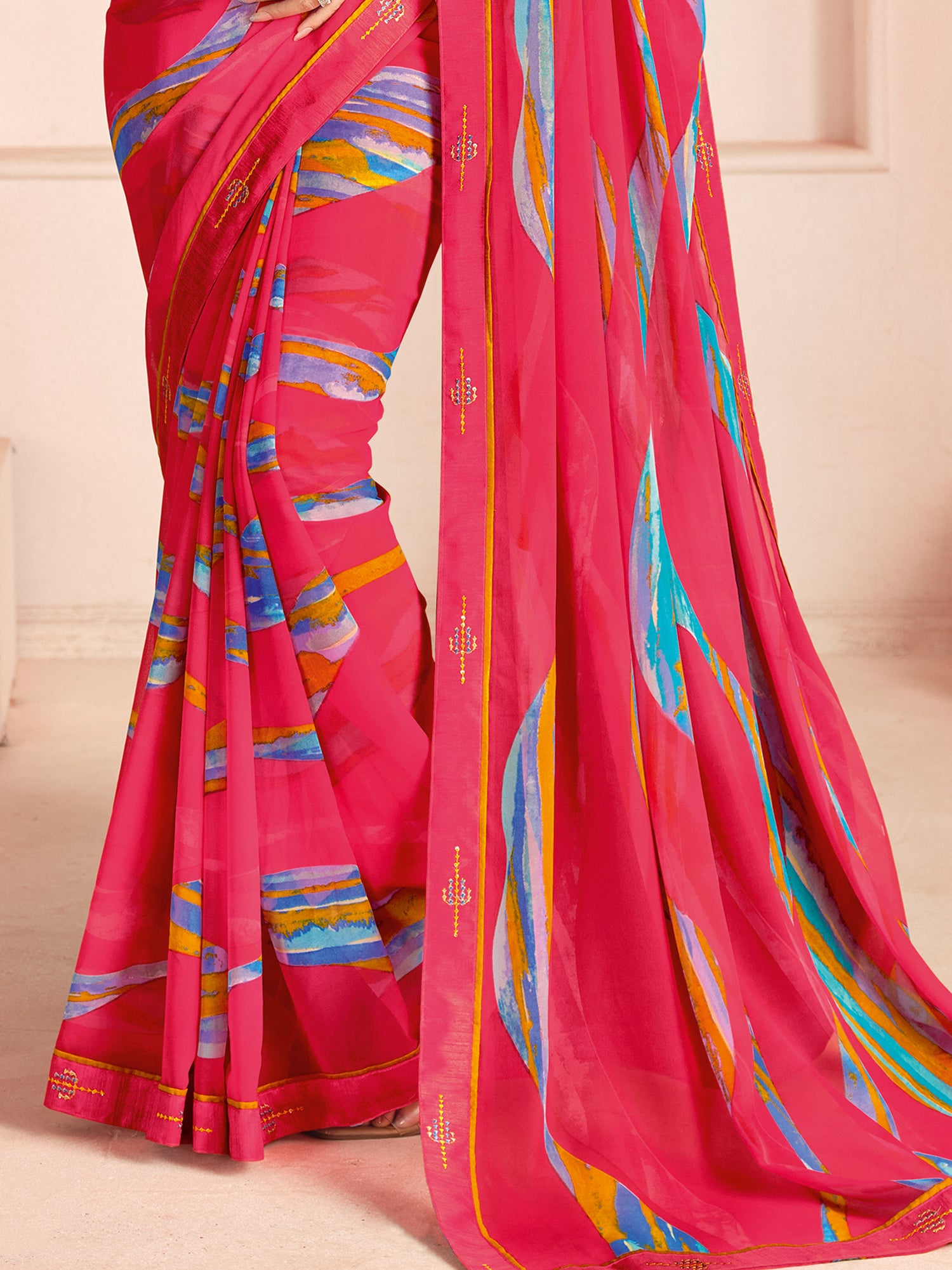 Incredible Pink Digital Printed Georgette Casual Wear Saree With Blouse