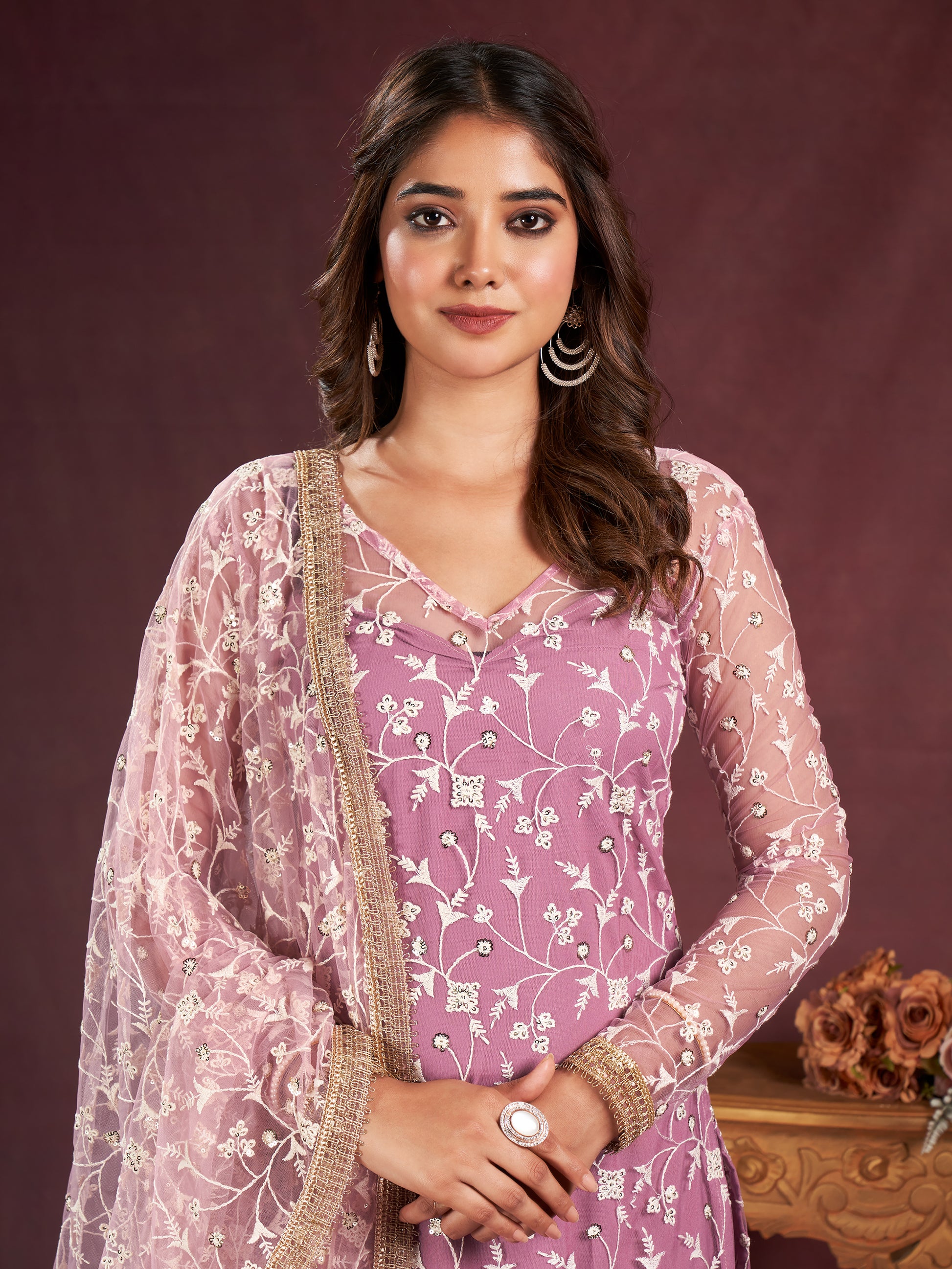 Stunning Pink Embroidered Net Festive Wear Salwar Kameez With Dupatta