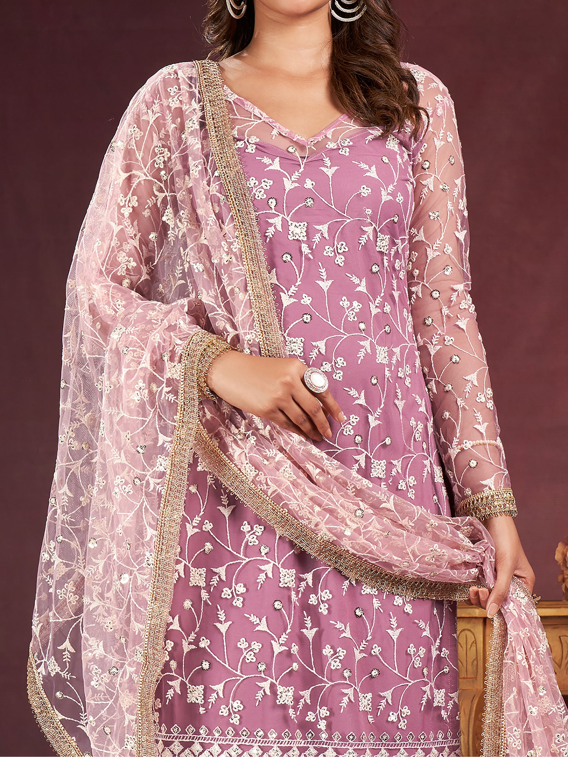 Stunning Pink Embroidered Net Festive Wear Salwar Kameez With Dupatta