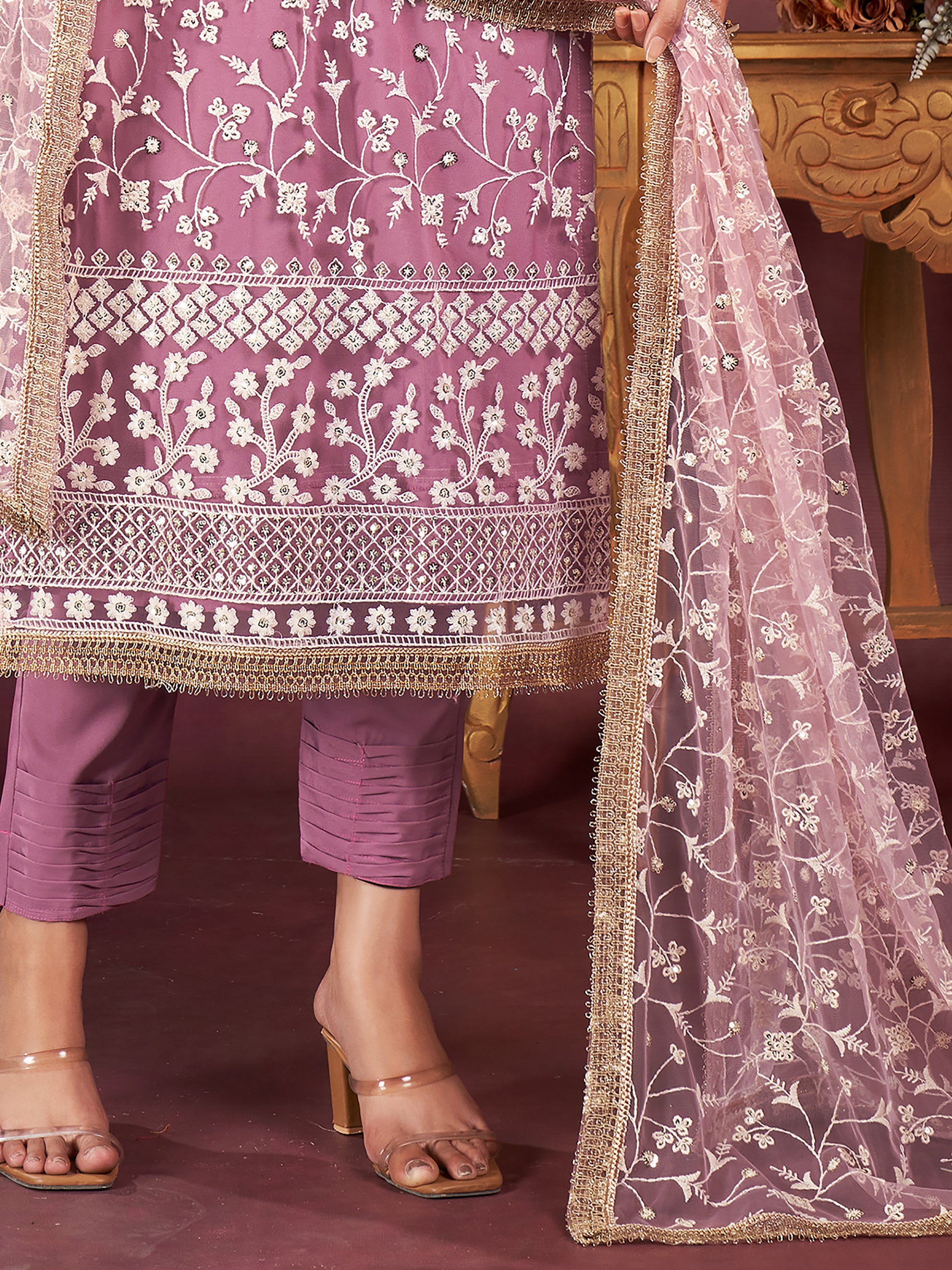 Stunning Pink Embroidered Net Festive Wear Salwar Kameez With Dupatta