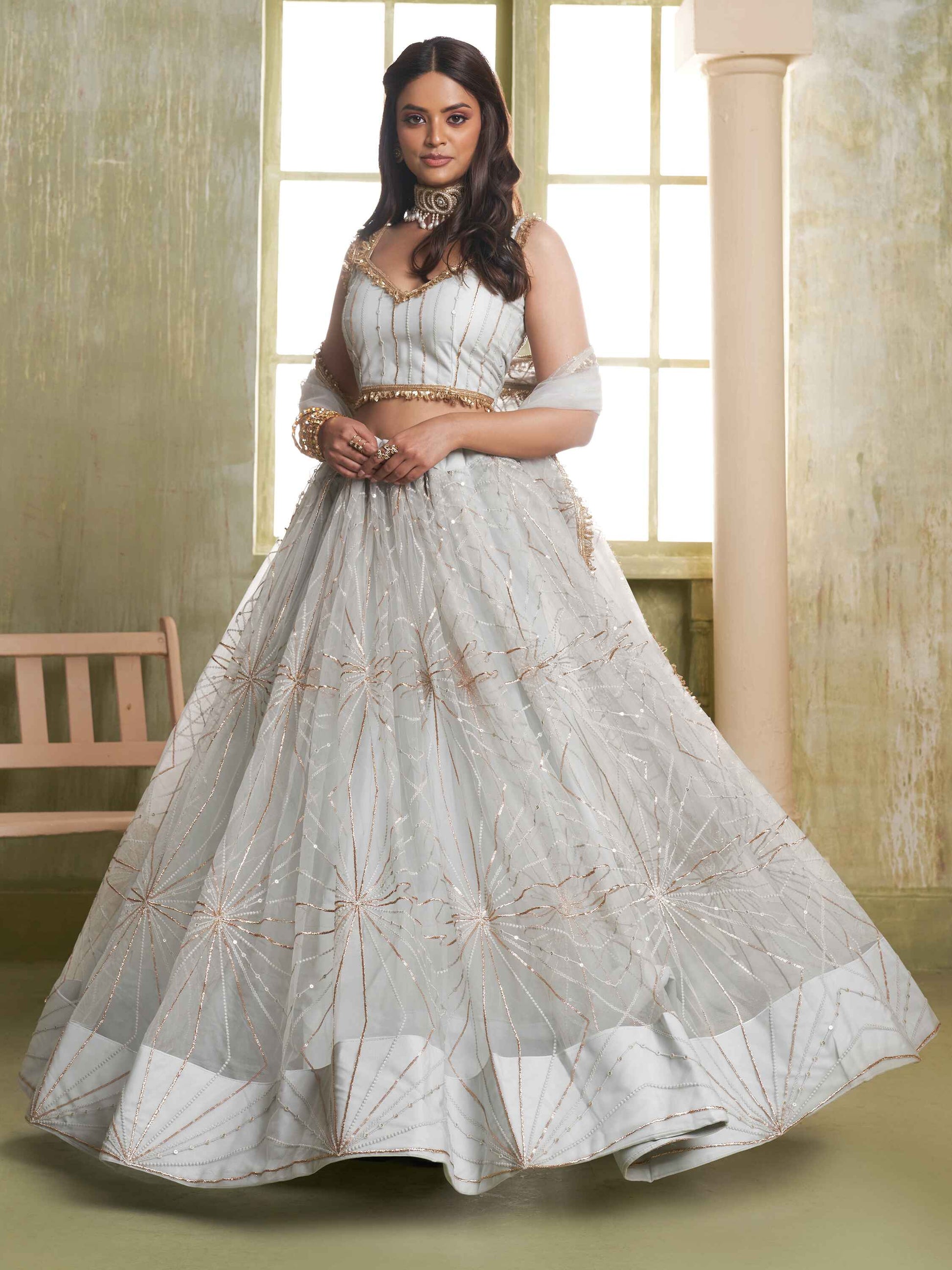 Incredible Light Grey Sequins Net Reception Wear Lehenga Choli