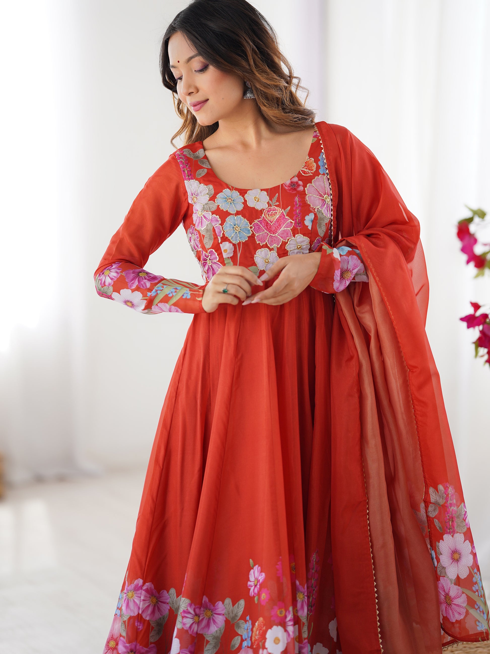 Alluring Orange Floral Printed Organza Event Wear Anarkali Suit