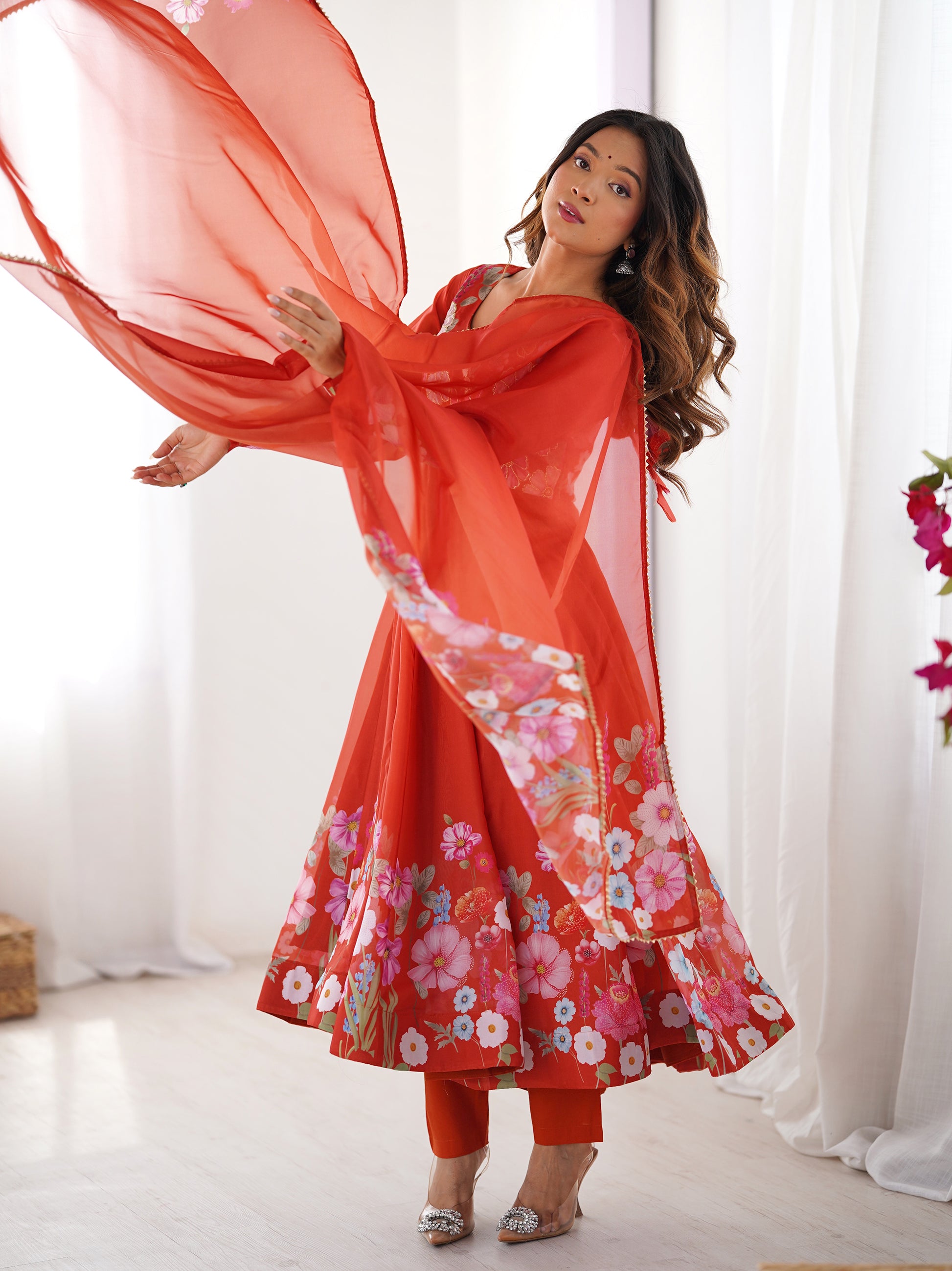 Alluring Orange Floral Printed Organza Event Wear Anarkali Suit