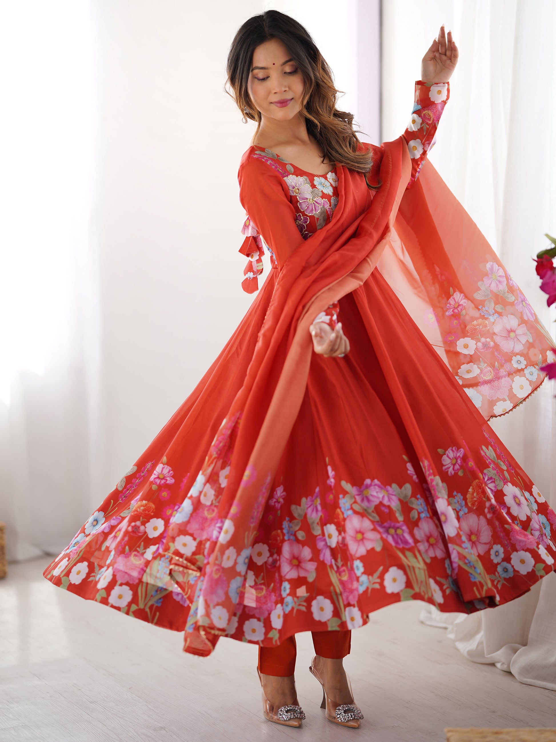 Alluring Orange Floral Printed Organza Event Wear Anarkali Suit
