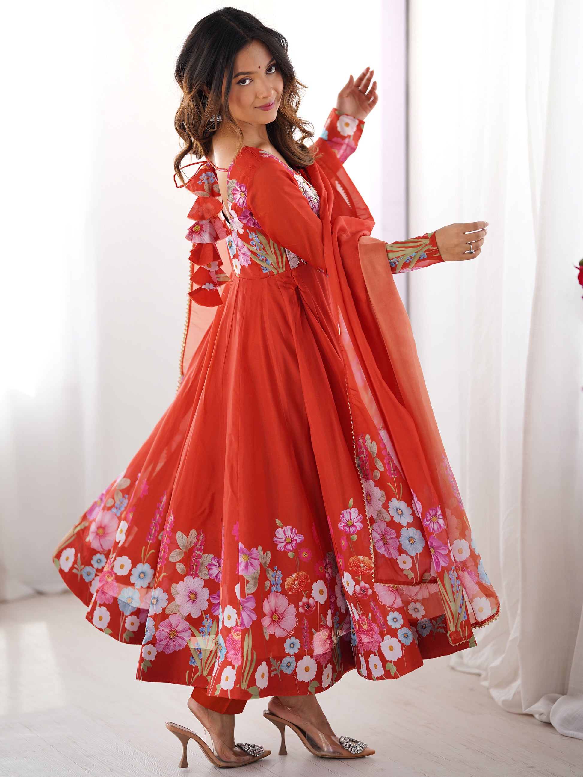 Alluring Orange Floral Printed Organza Event Wear Anarkali Suit