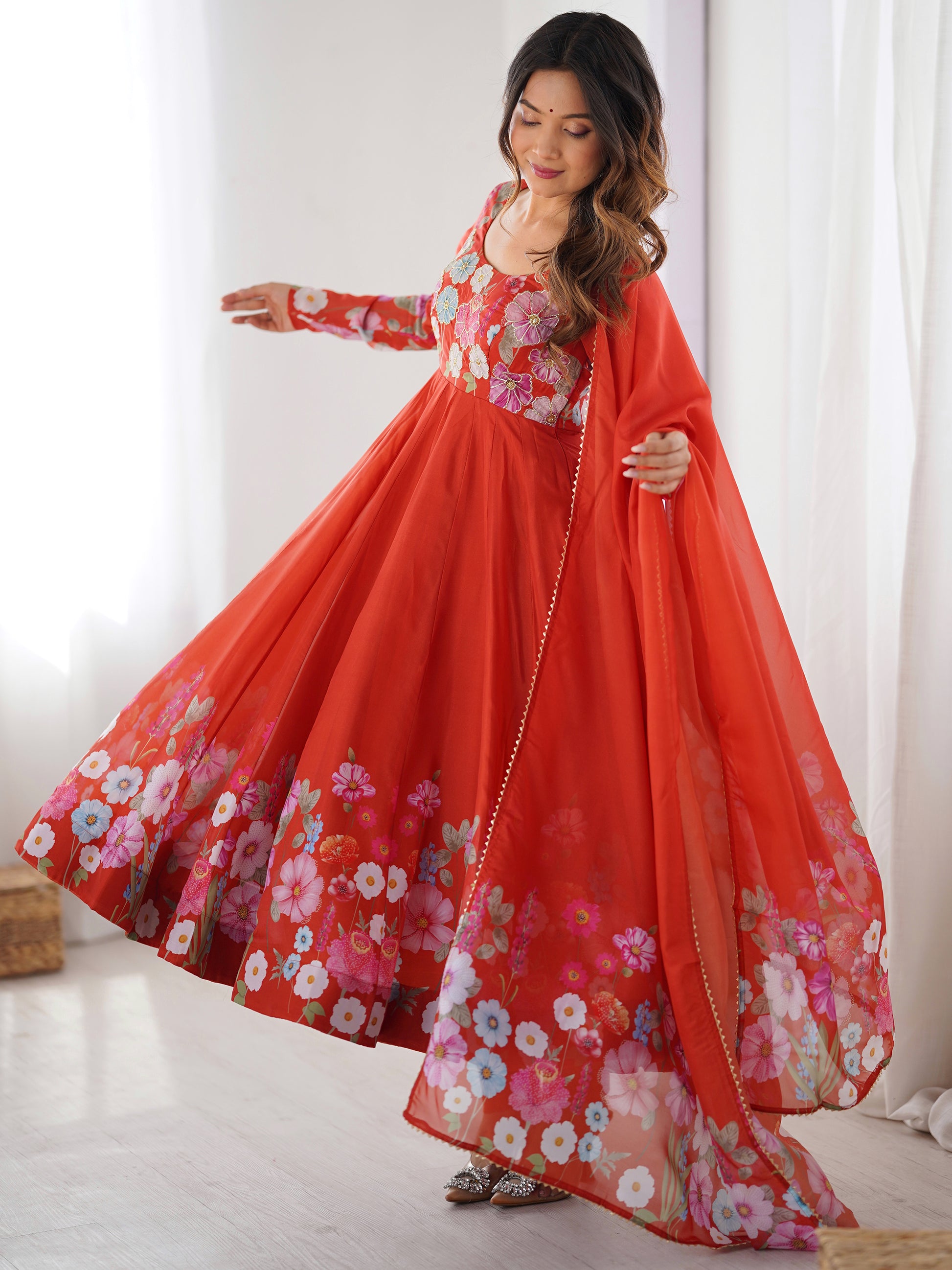 Alluring Orange Floral Printed Organza Event Wear Anarkali Suit