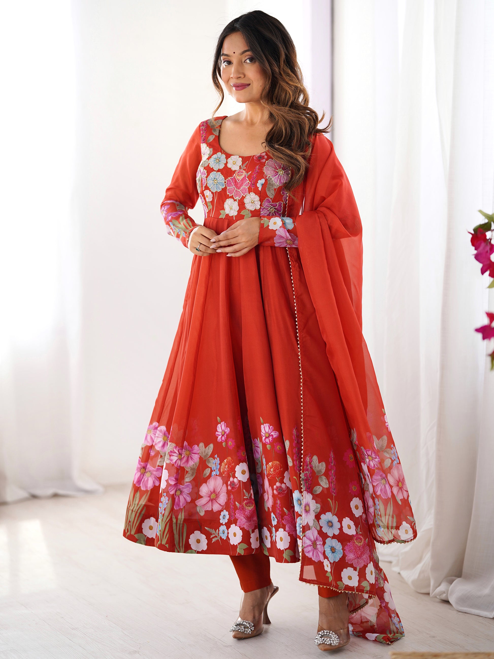 Alluring Orange Floral Printed Organza Event Wear Anarkali Suit