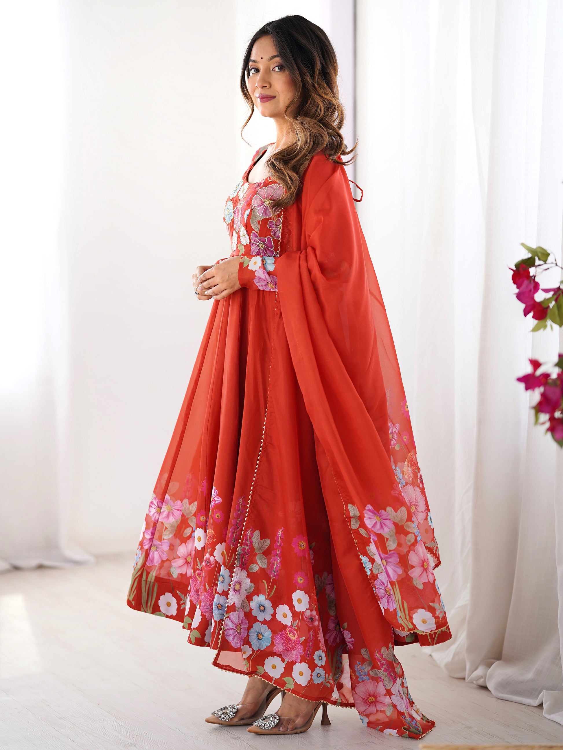 Alluring Orange Floral Printed Organza Event Wear Anarkali Suit