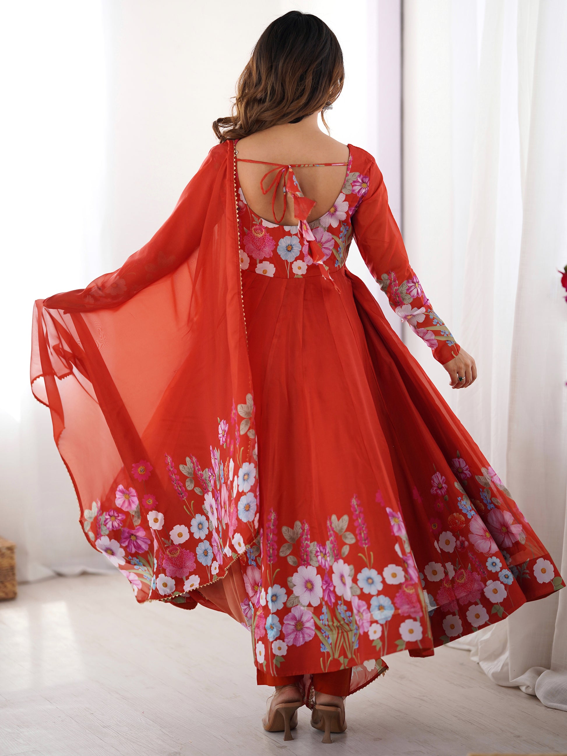 Alluring Orange Floral Printed Organza Event Wear Anarkali Suit
