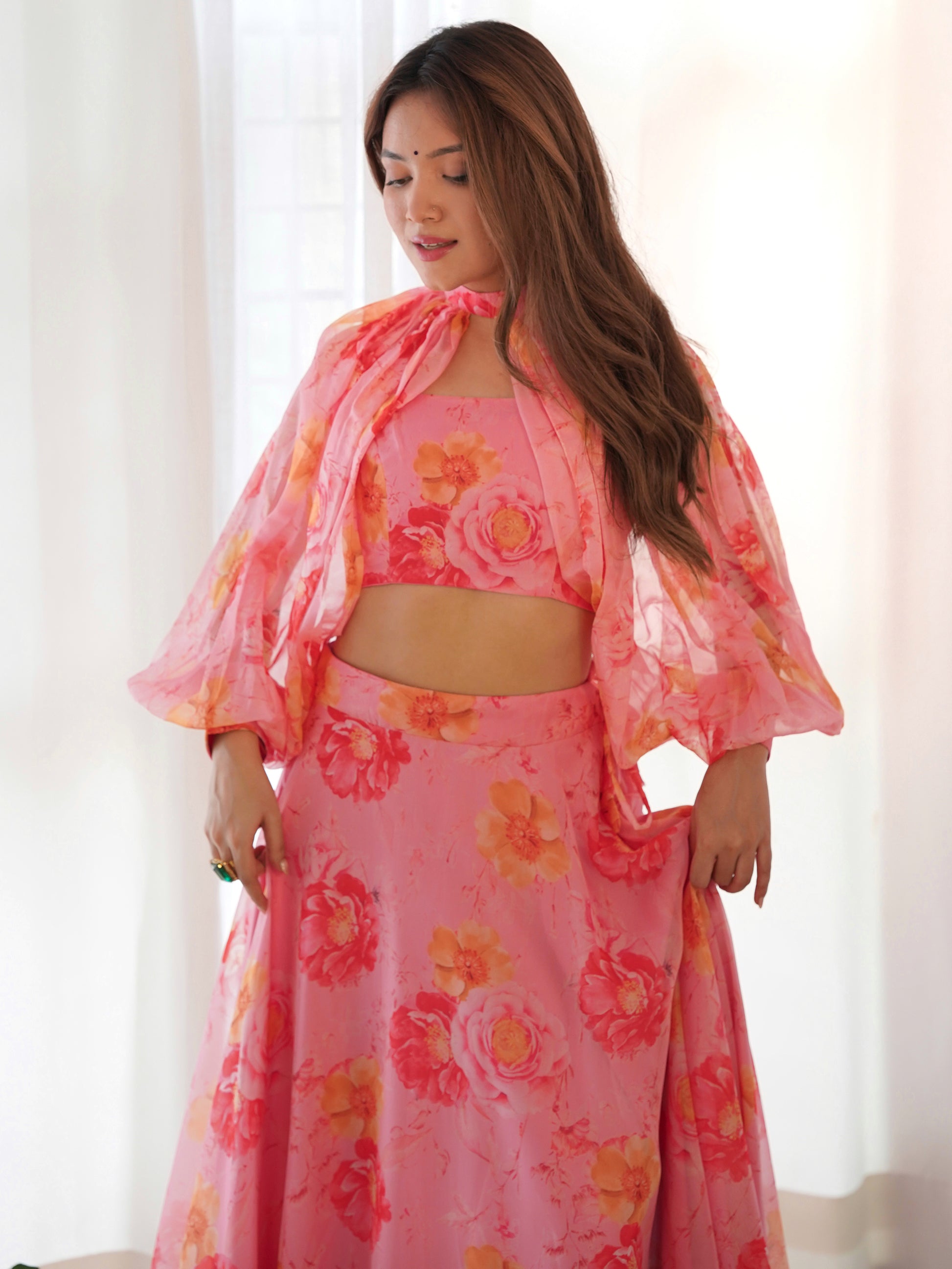 Fantastic Pink Floral Printed Organza Designer Lehenga With Crop Top