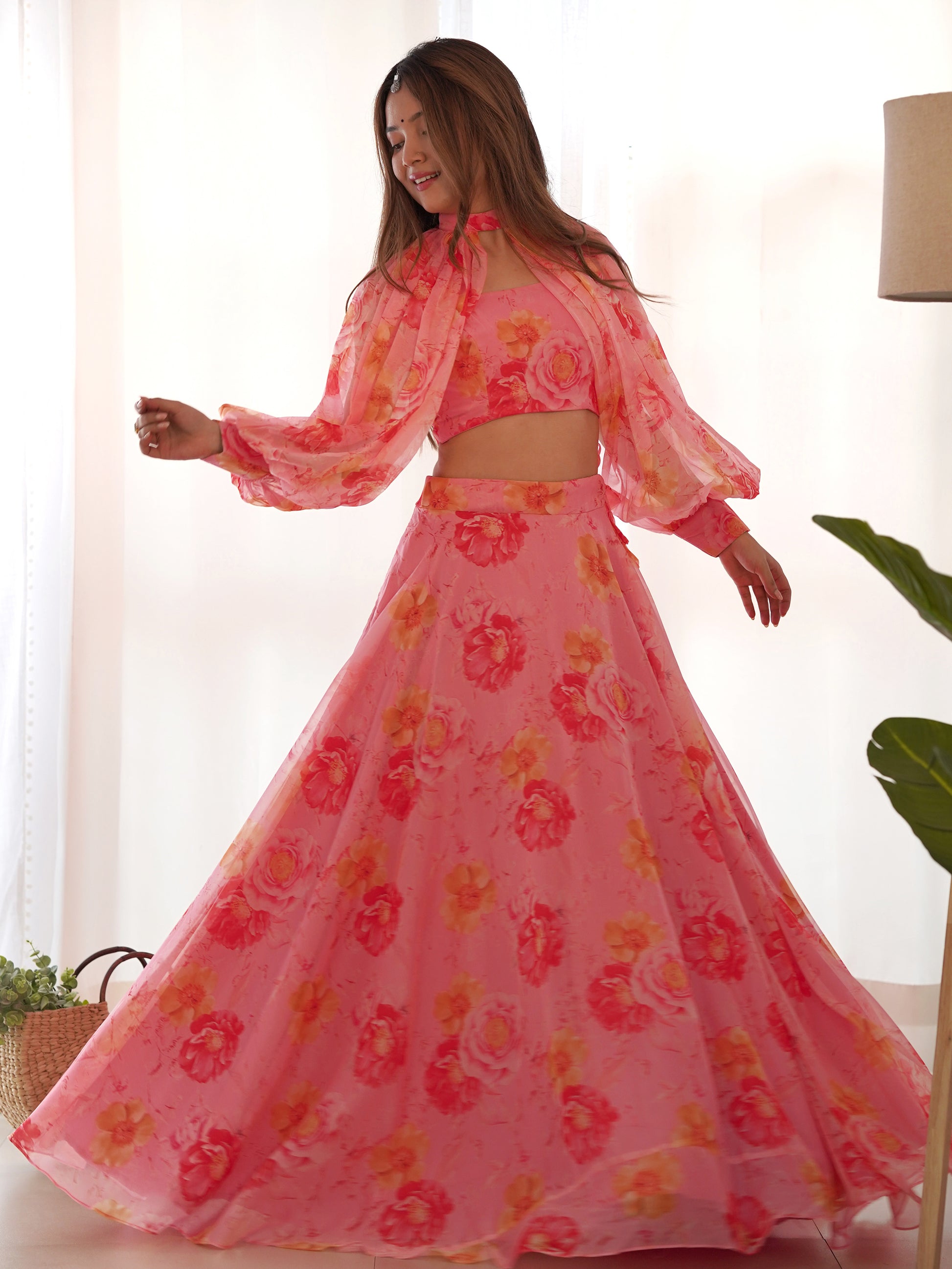 Fantastic Pink Floral Printed Organza Designer Lehenga With Crop Top