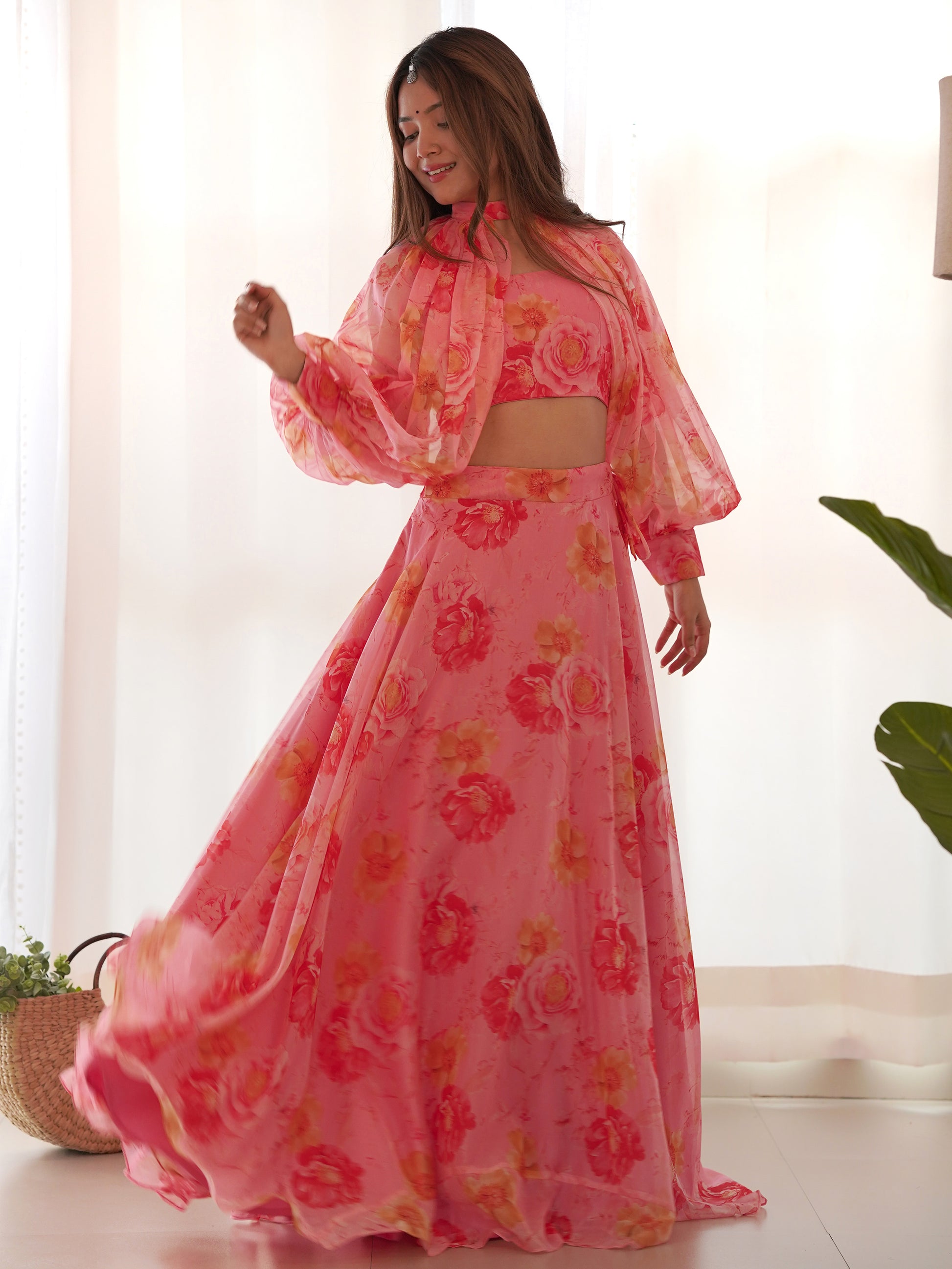 Fantastic Pink Floral Printed Organza Designer Lehenga With Crop Top