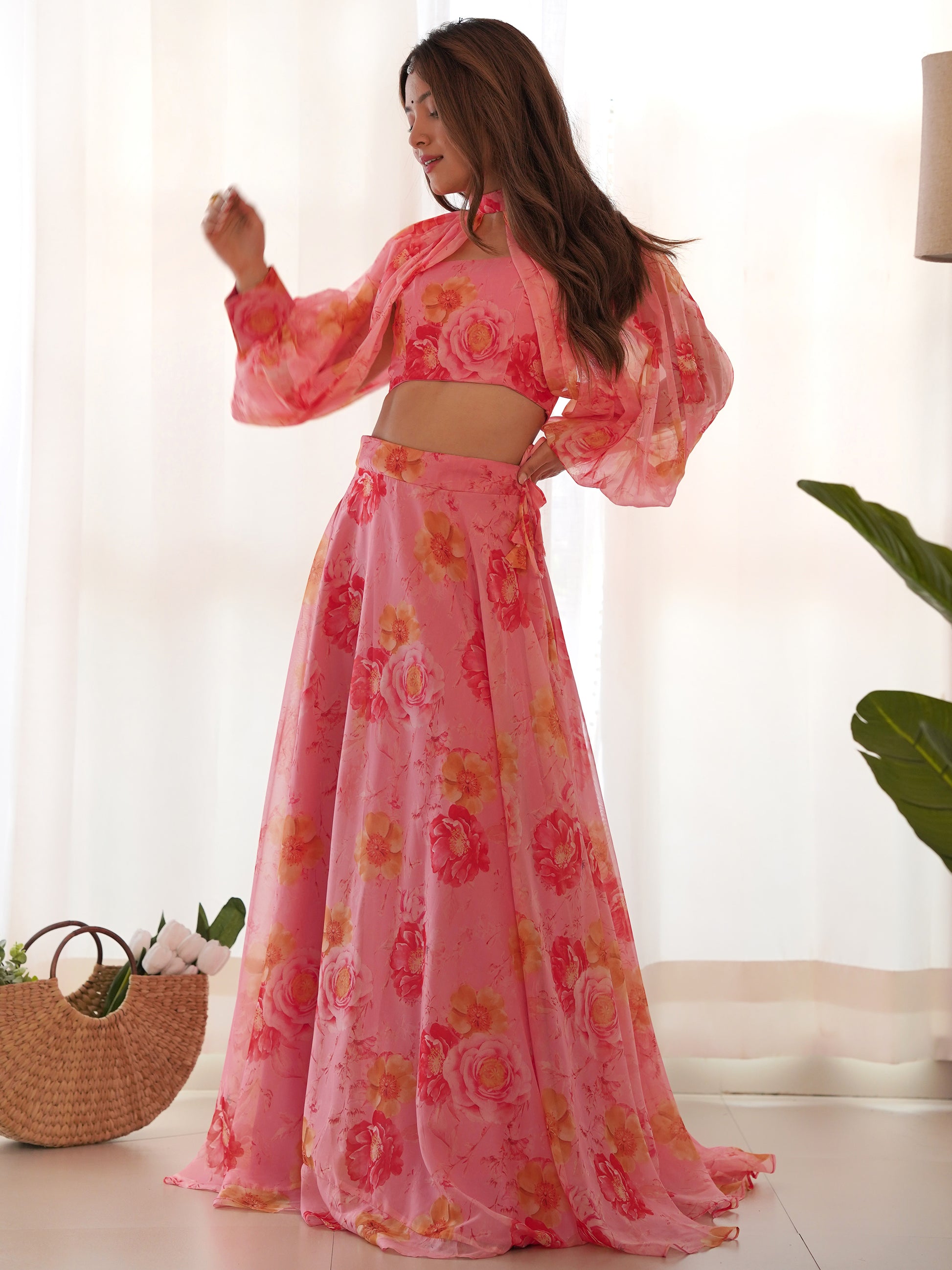 Fantastic Pink Floral Printed Organza Designer Lehenga With Crop Top