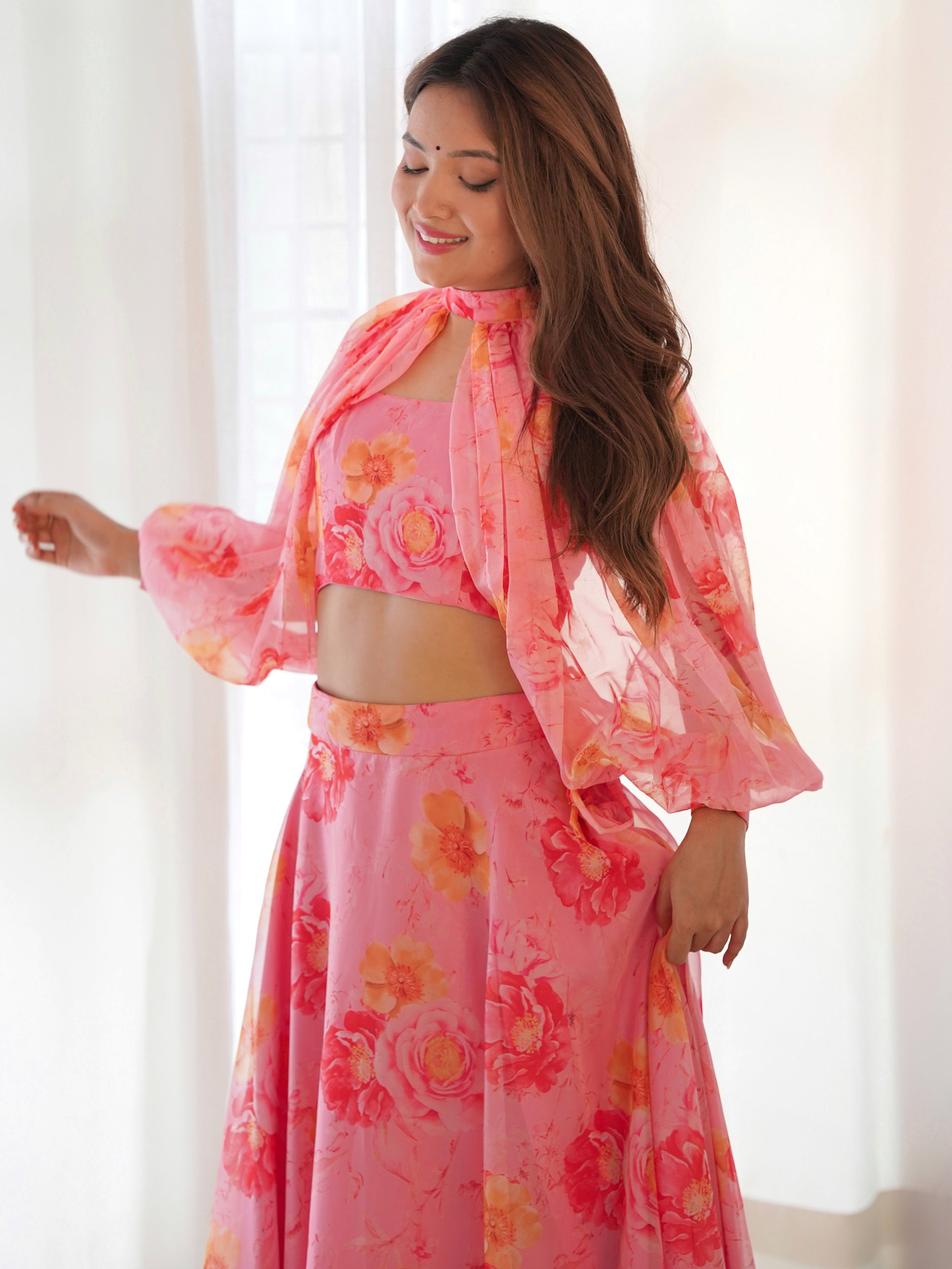 Fantastic Pink Floral Printed Organza Designer Lehenga With Crop Top