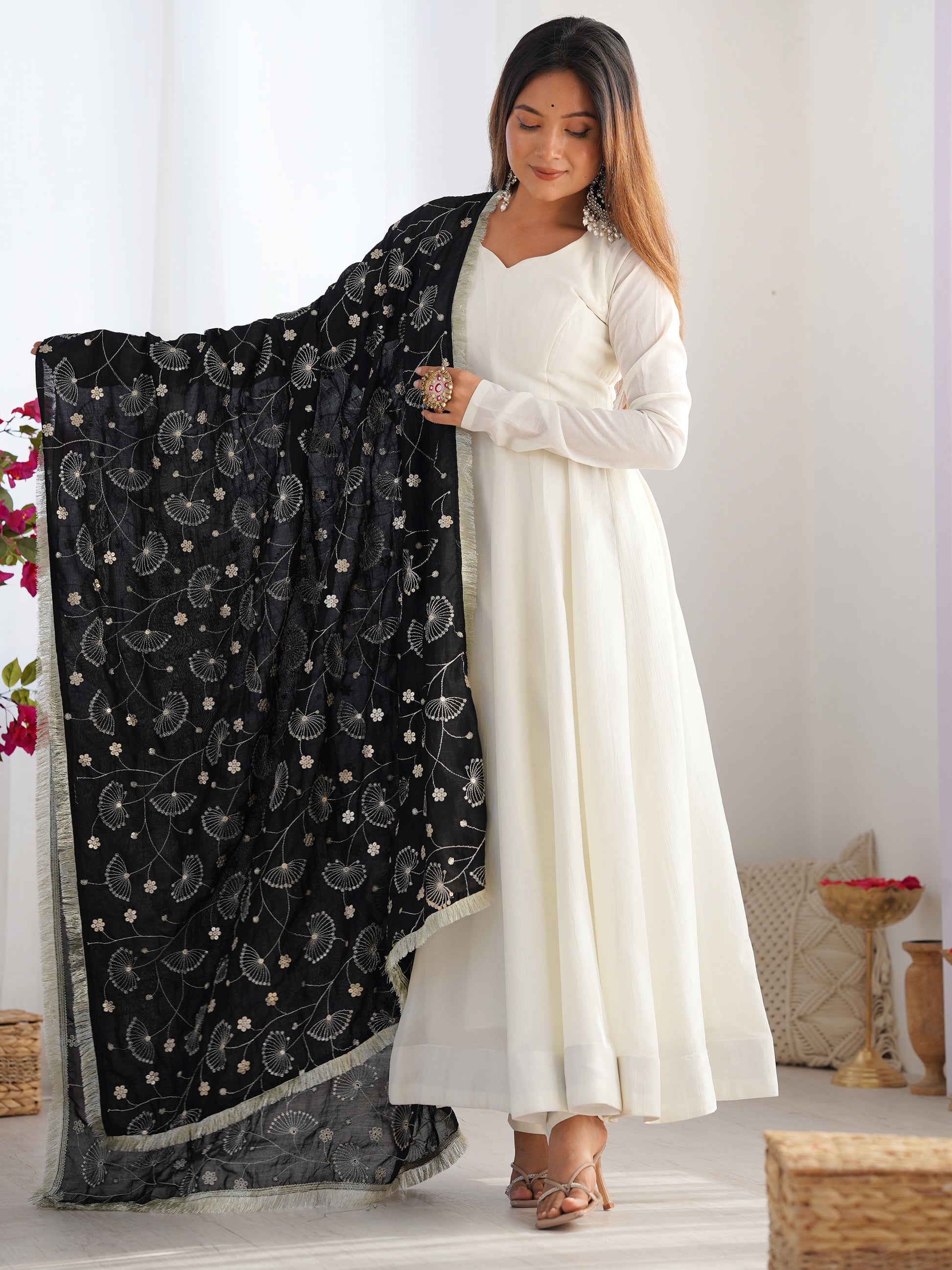 Precious Off-White Silk Festive Wear Anarkali Suit With Heavy Dupatta