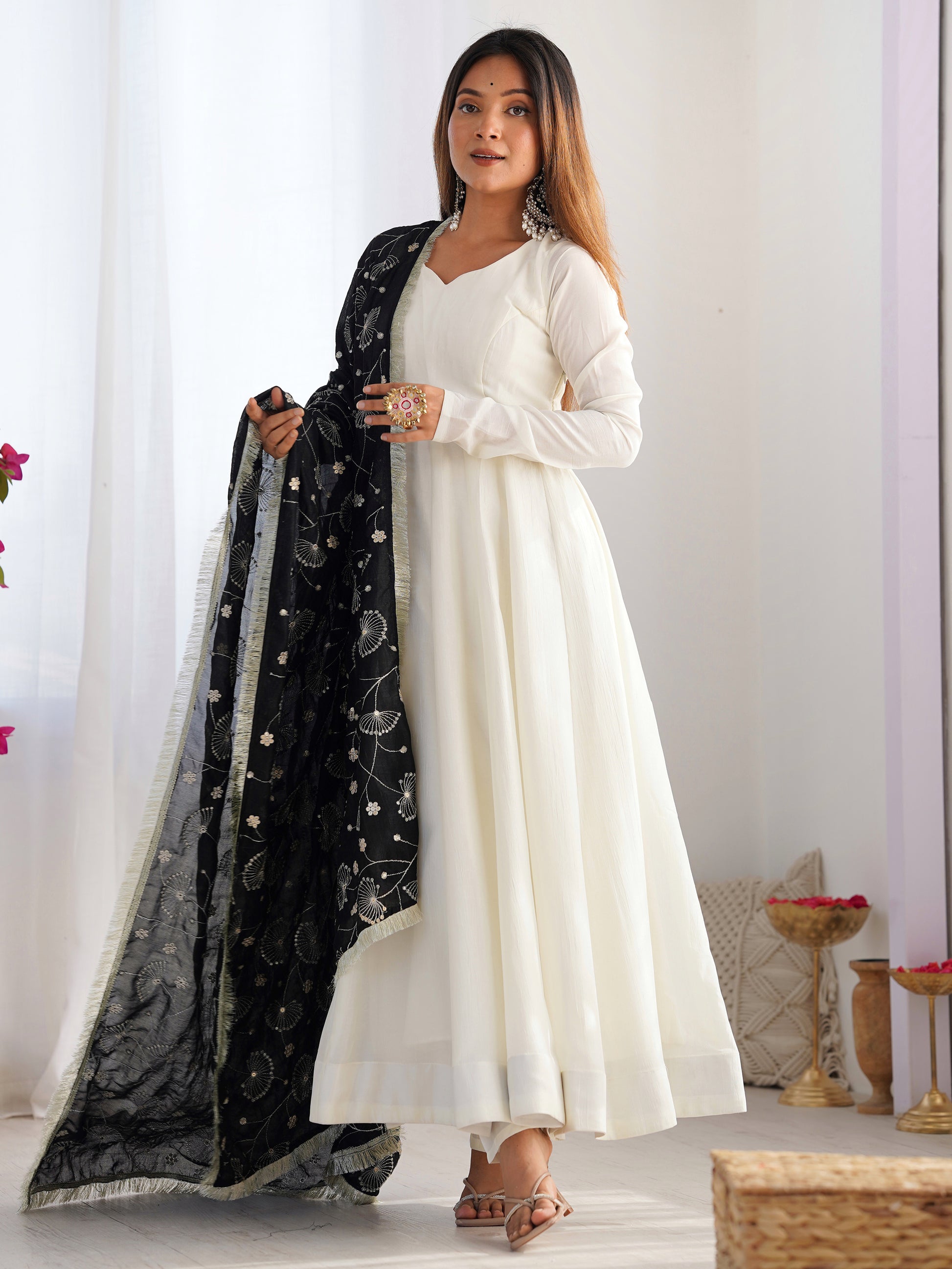 Precious Off-White Silk Festive Wear Anarkali Suit With Heavy Dupatta
