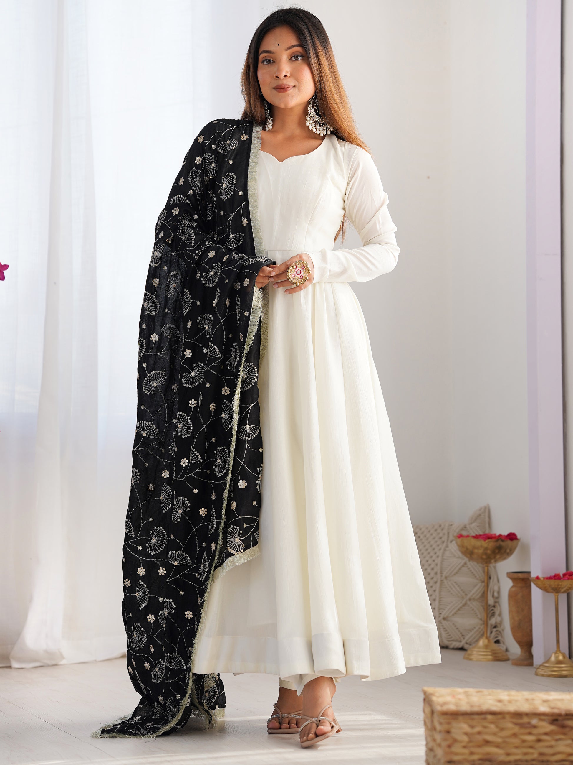 Precious Off-White Silk Festive Wear Anarkali Suit With Heavy Dupatta