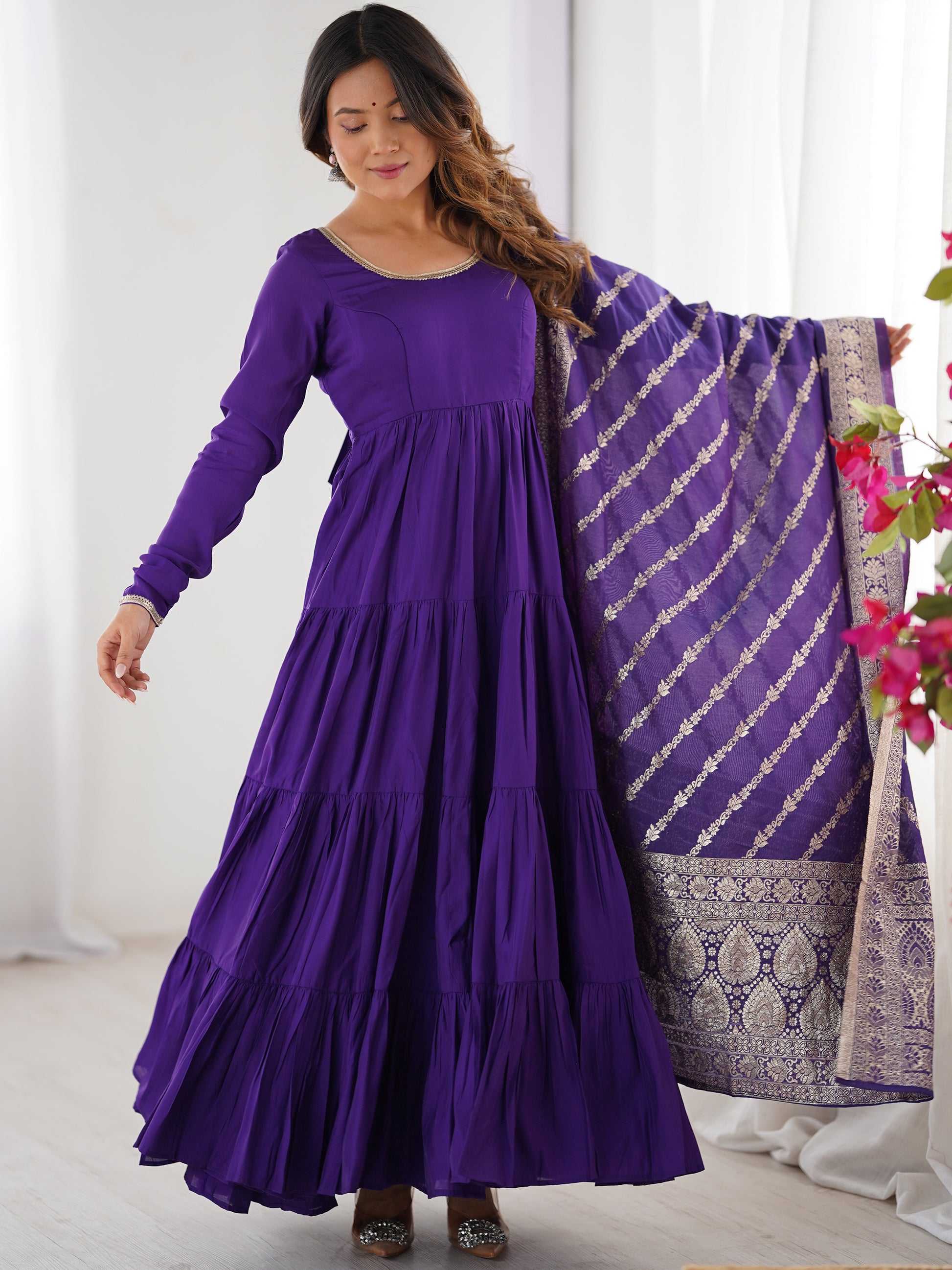 Lovely Purple Chanderi Anarkali Suit With Banarasi Silk Dupatta