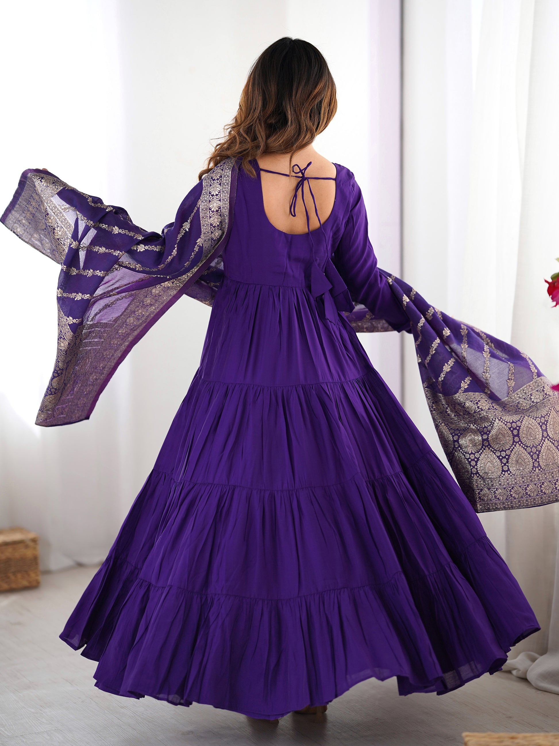 Lovely Purple Chanderi Anarkali Suit With Banarasi Silk Dupatta