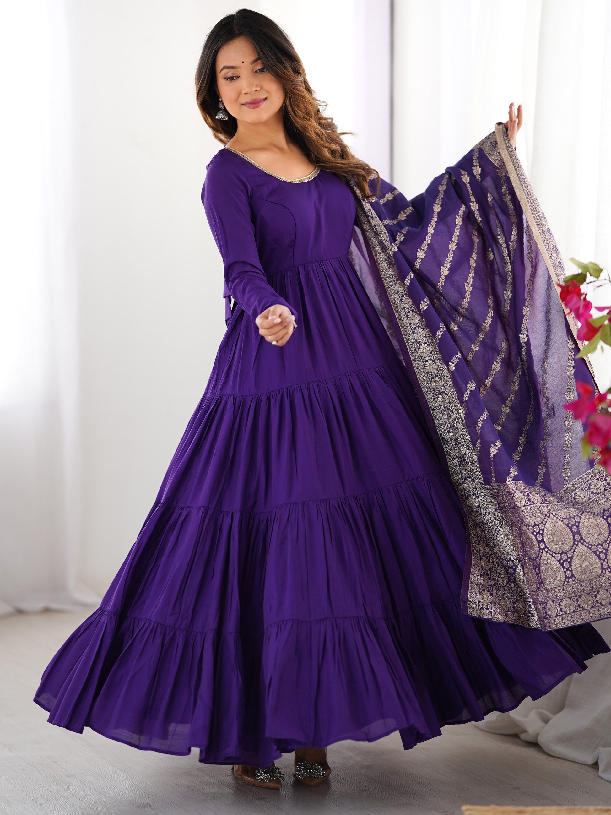 Lovely Purple Chanderi Anarkali Suit With Banarasi Silk Dupatta