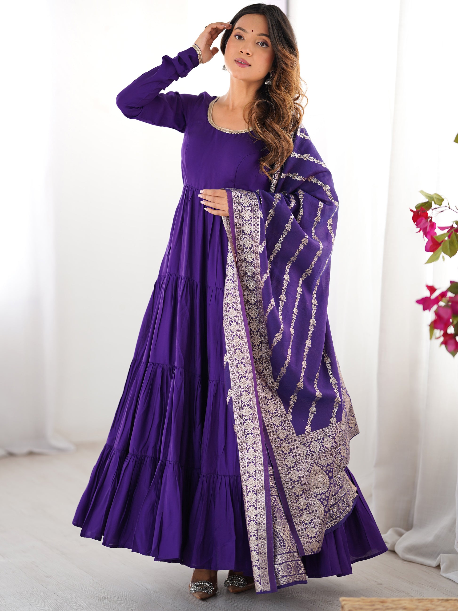 Lovely Purple Chanderi Anarkali Suit With Banarasi Silk Dupatta