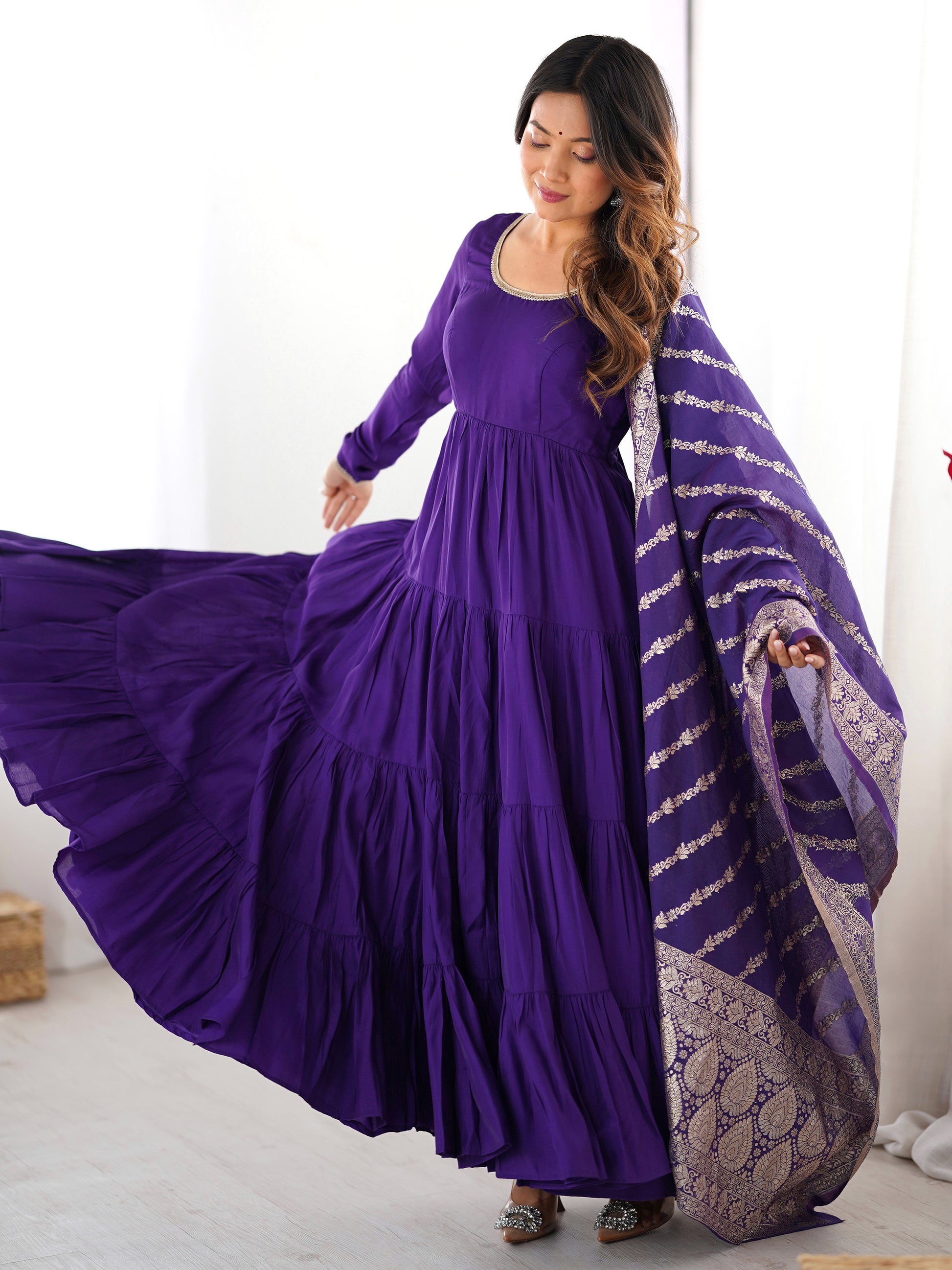 Lovely Purple Chanderi Anarkali Suit With Banarasi Silk Dupatta