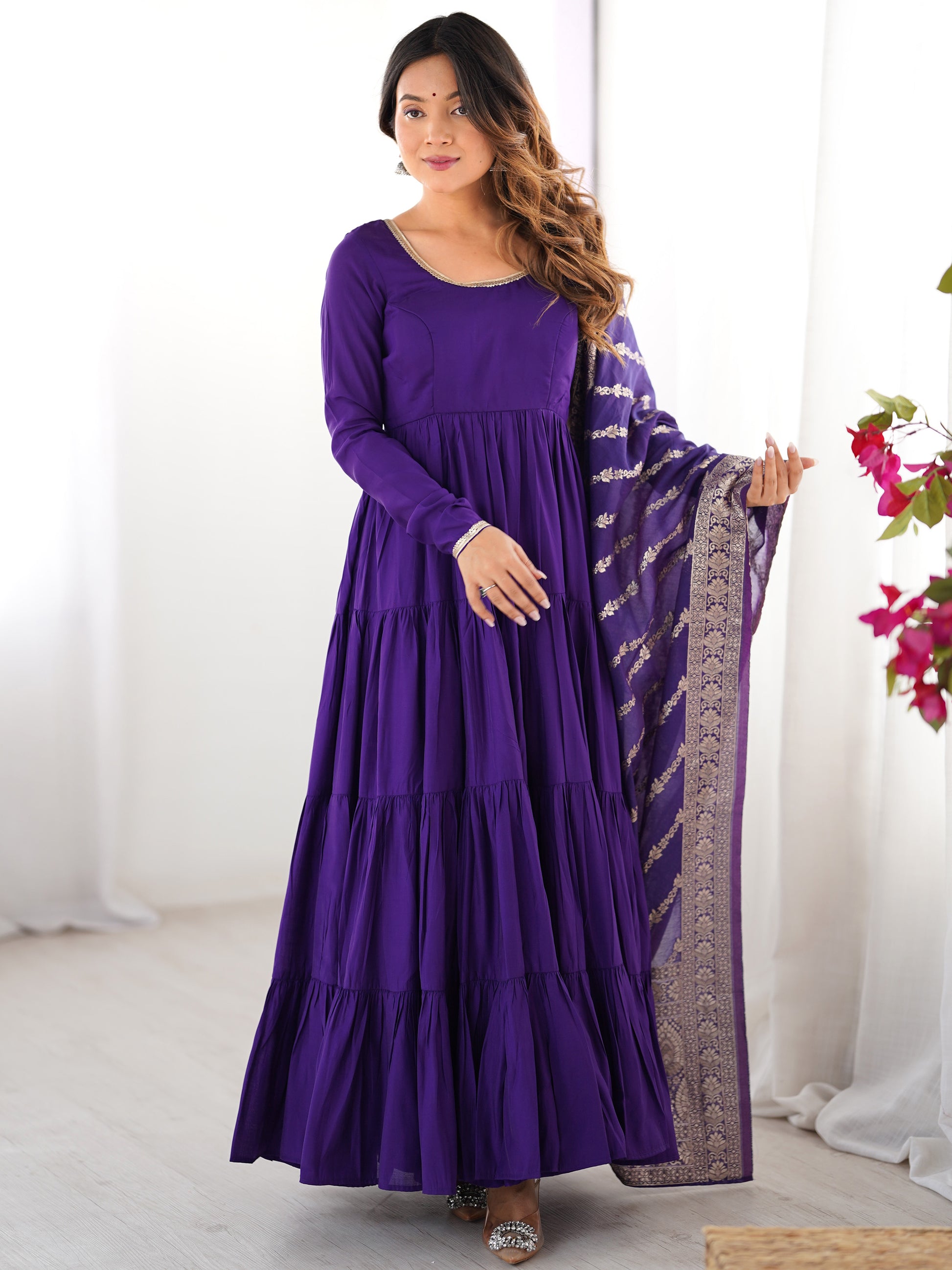 Lovely Purple Chanderi Anarkali Suit With Banarasi Silk Dupatta