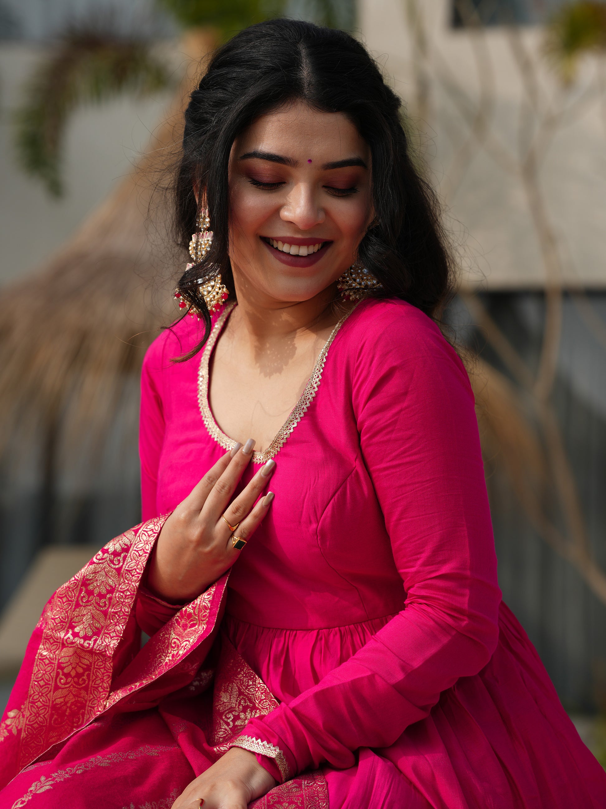 Stunning Pink Chanderi Anarkali Suit With Zari Weaving Dupatta