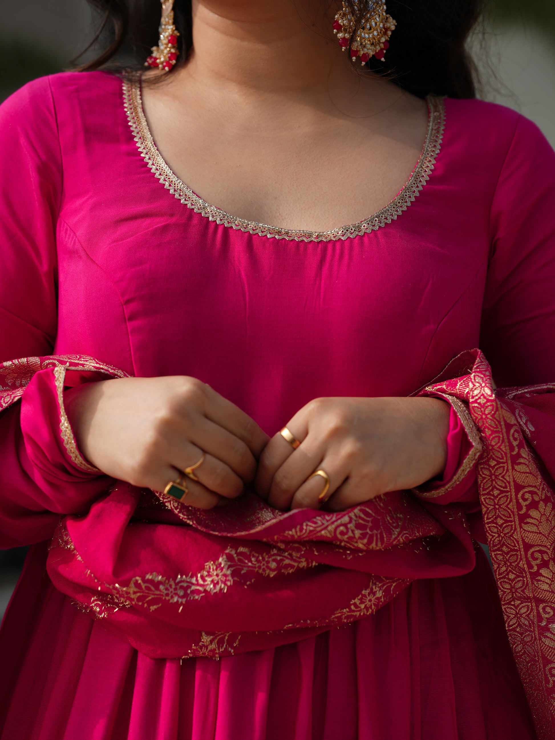 Stunning Pink Chanderi Anarkali Suit With Zari Weaving Dupatta