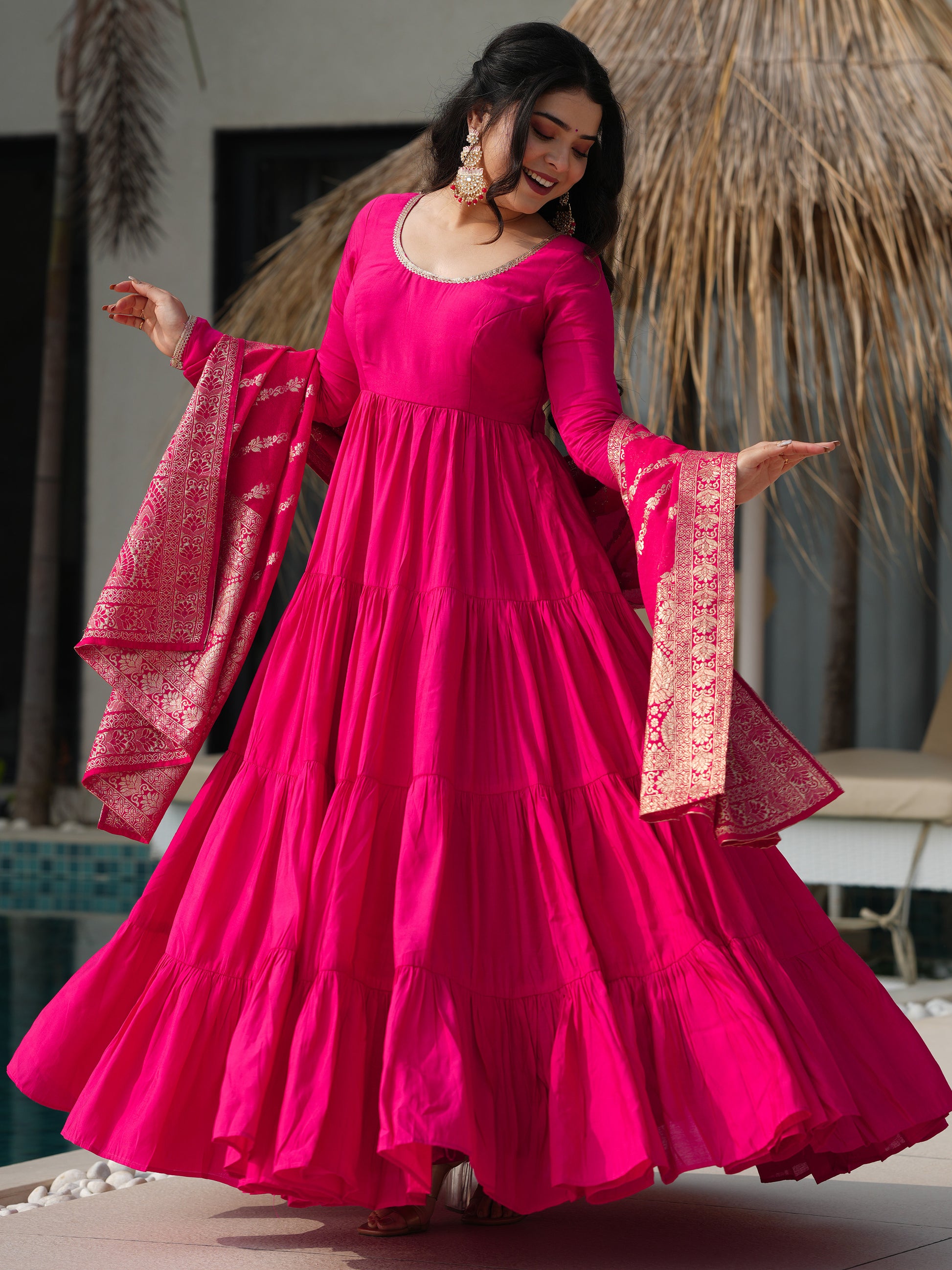 Stunning Pink Chanderi Anarkali Suit With Zari Weaving Dupatta