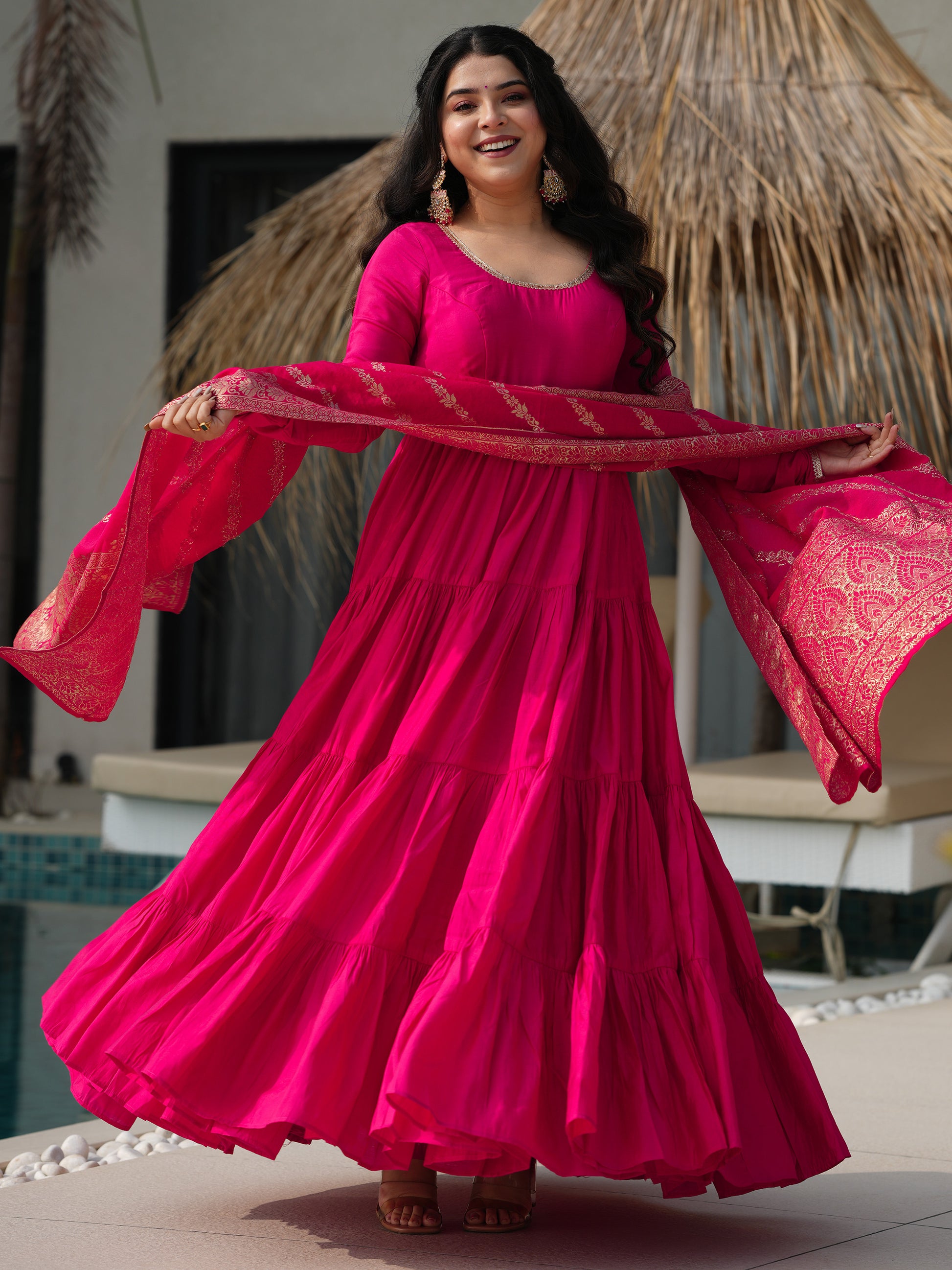 Stunning Pink Chanderi Anarkali Suit With Zari Weaving Dupatta