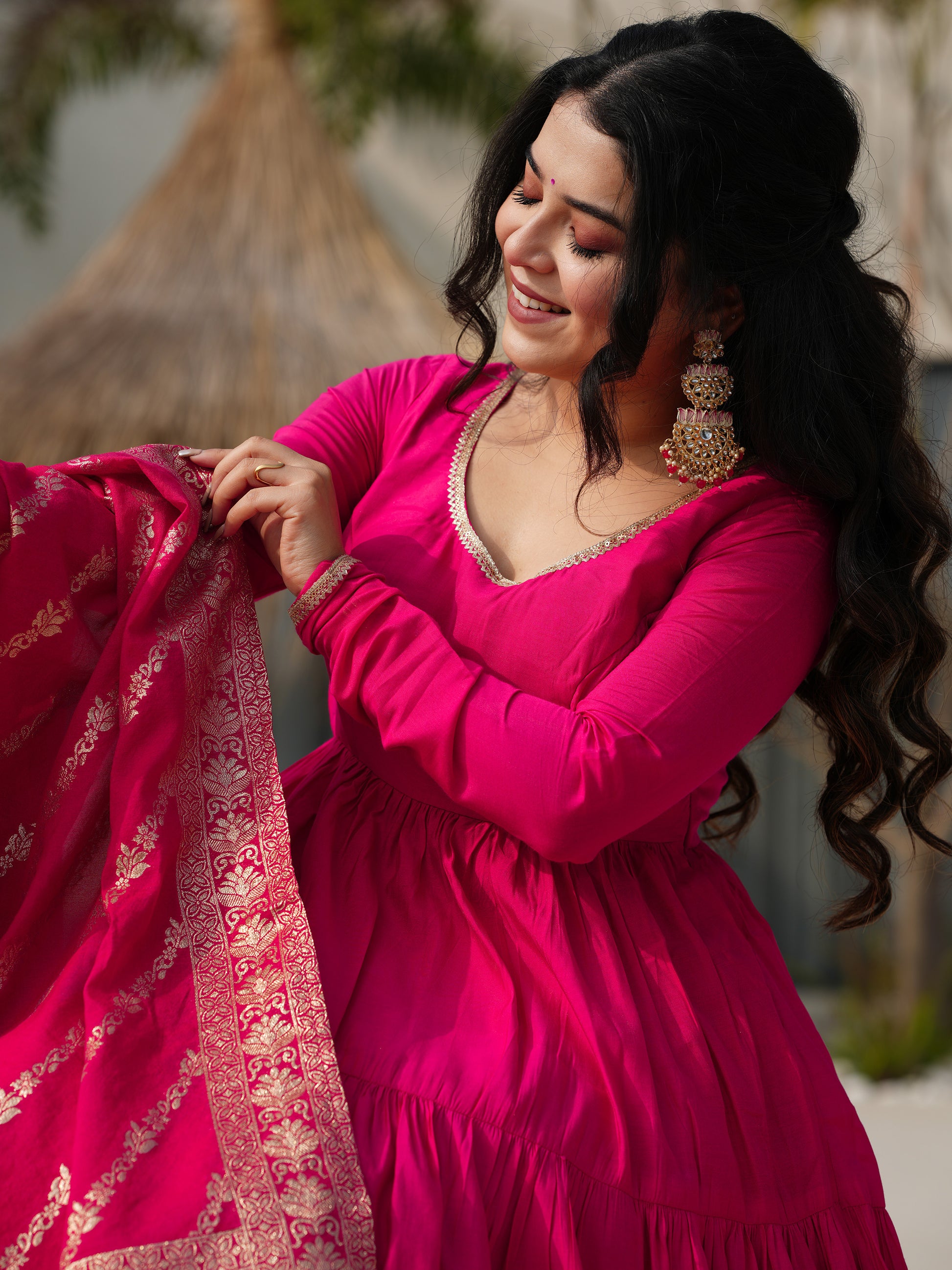 Stunning Pink Chanderi Anarkali Suit With Zari Weaving Dupatta