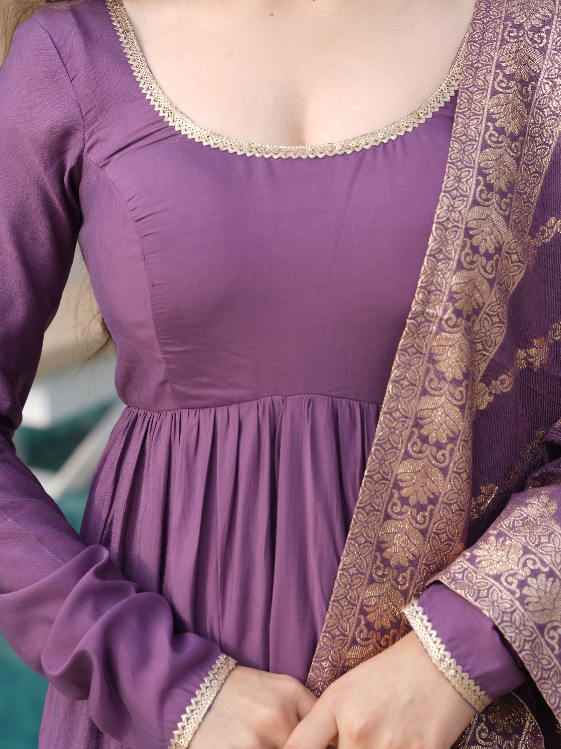 Outstanding Purple Chanderi Anarkali Suit With Banarasi Silk Dupatta