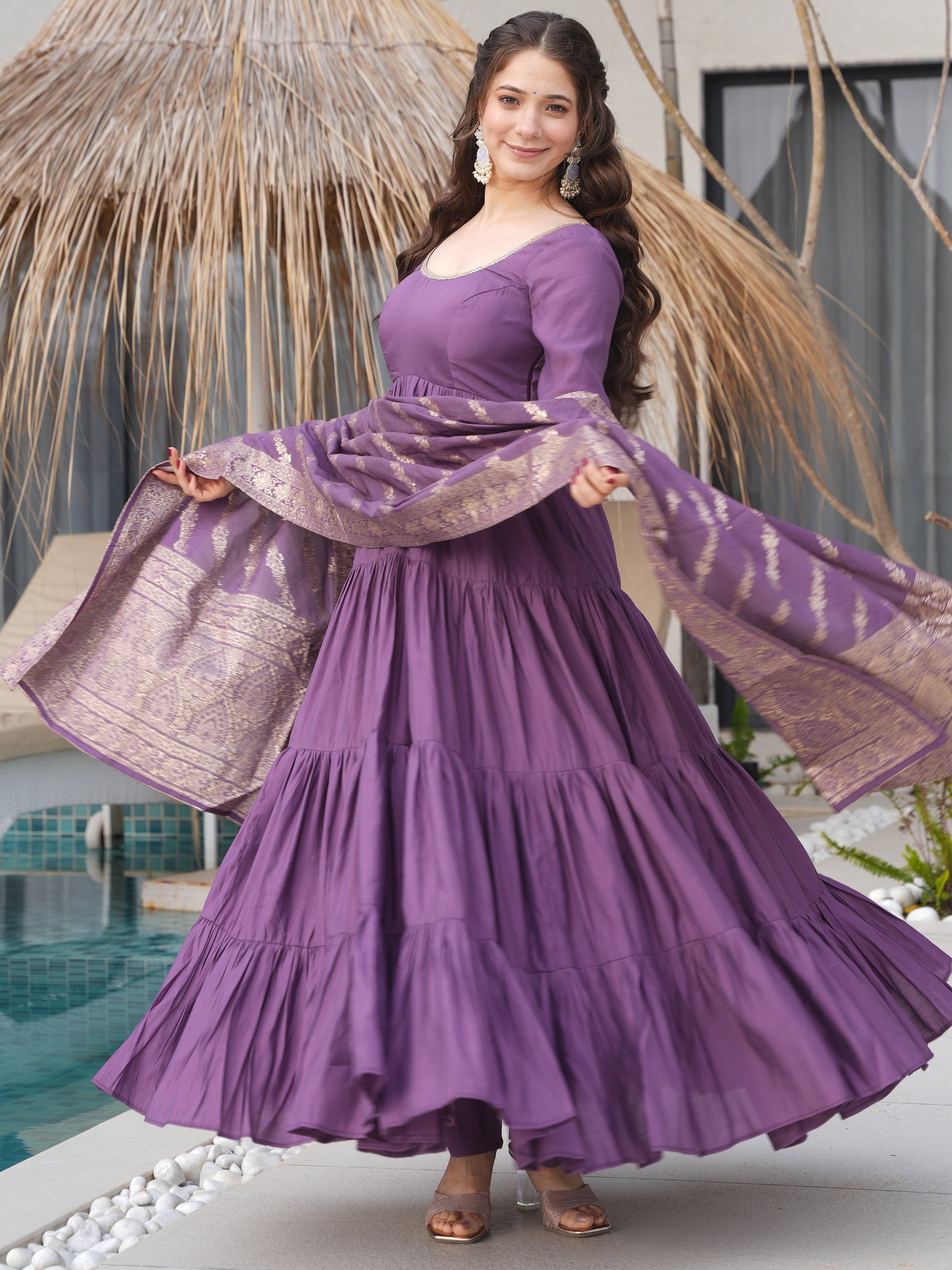 Outstanding Purple Chanderi Anarkali Suit With Banarasi Silk Dupatta