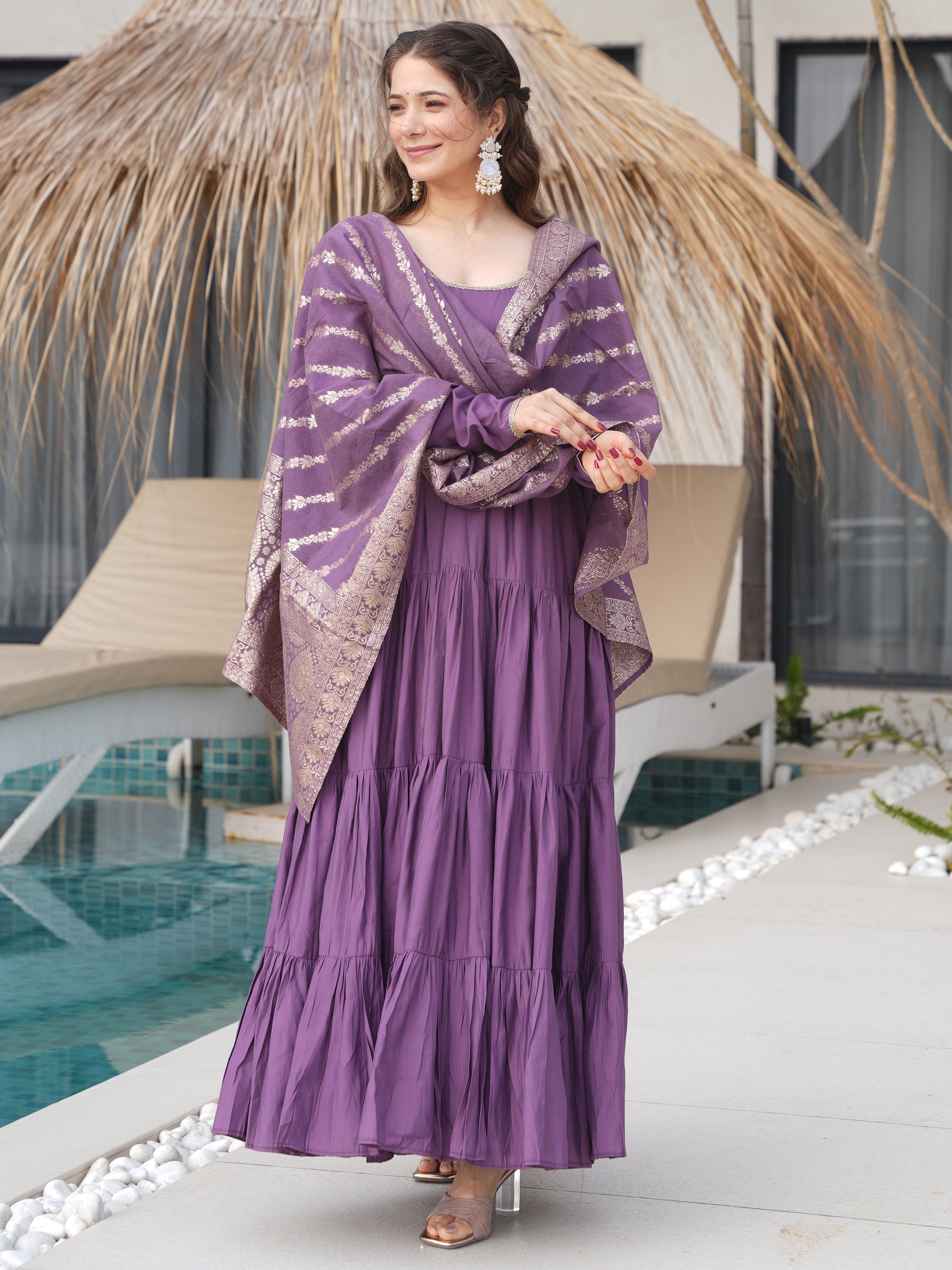 Outstanding Purple Chanderi Anarkali Suit With Banarasi Silk Dupatta