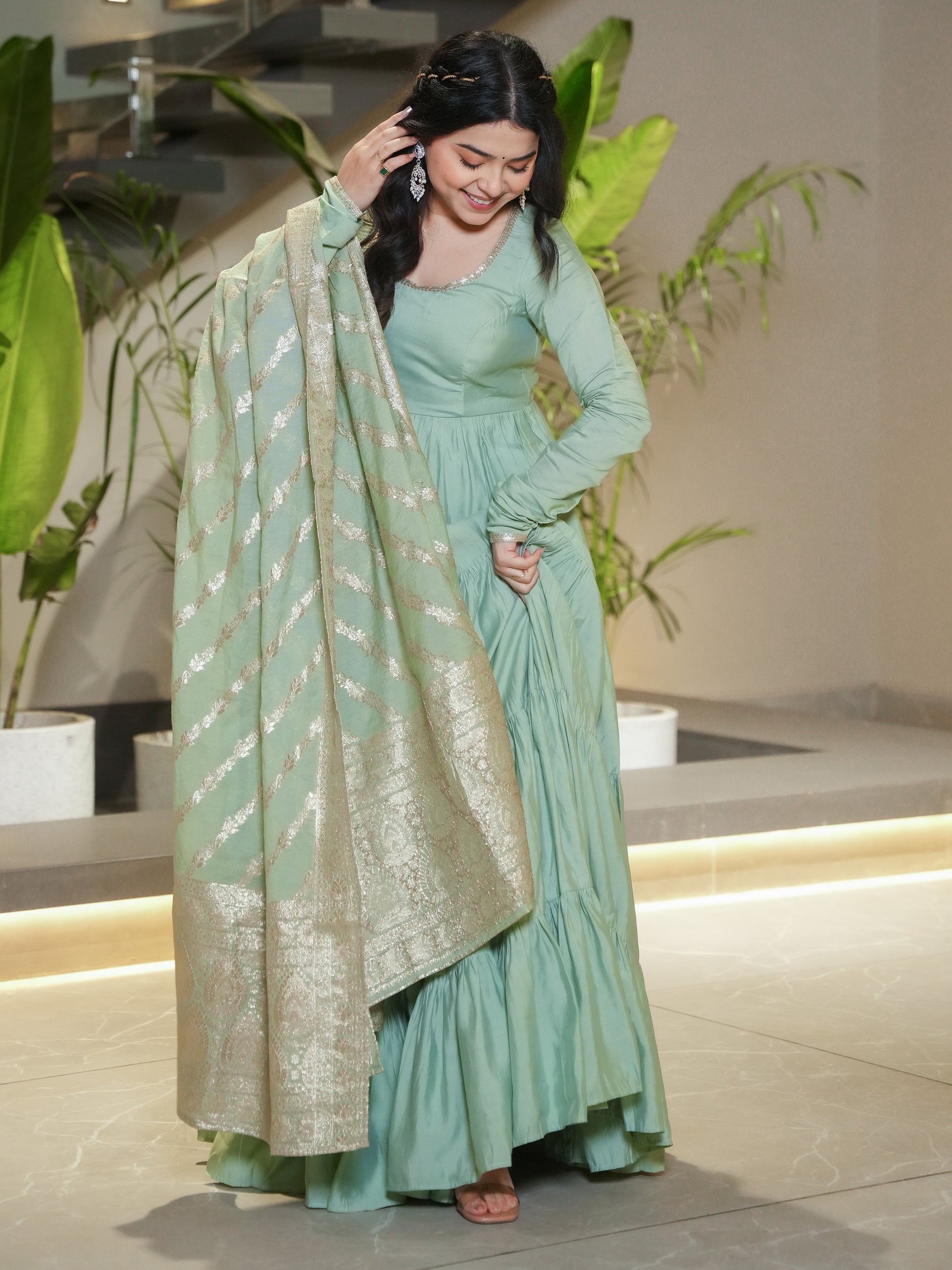 Fabulous Pista Green Chanderi Anarkali Suit With Banarasi Silk Dupatta